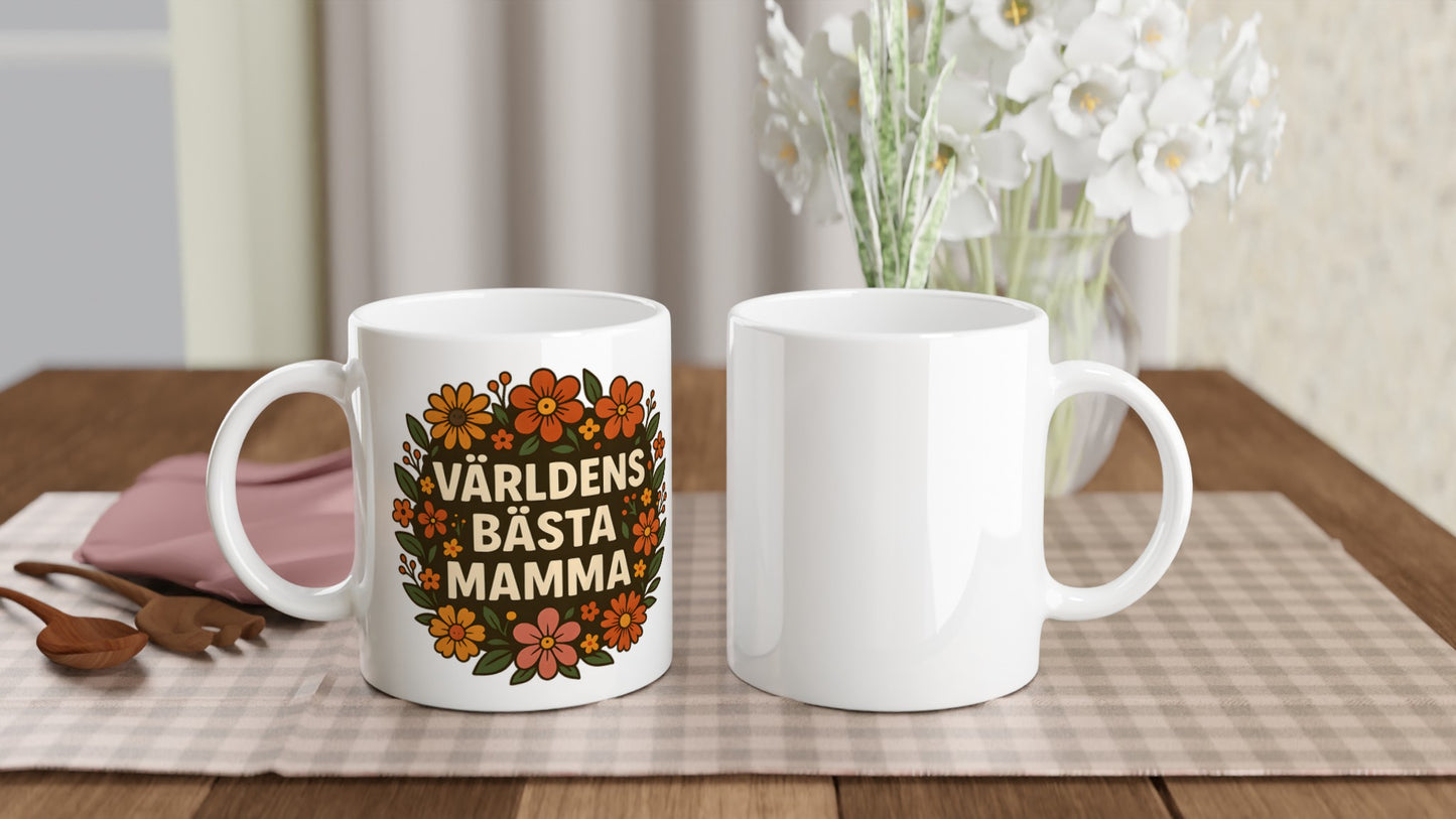 Mugg med texten 'Världens bästa mamma' inramad av blomsterprakt. Perfekt gåva till mamma!
