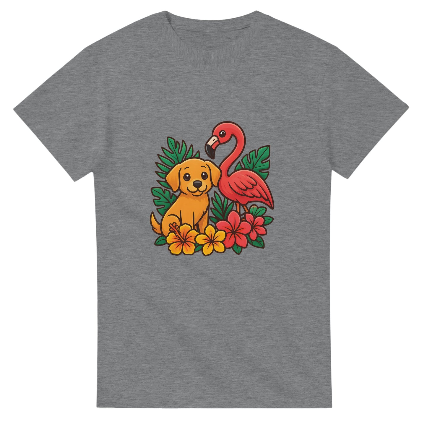 T-shirt med hund och flamingo i tropisk miljö, charmig och trendig design med färgglada blommor.