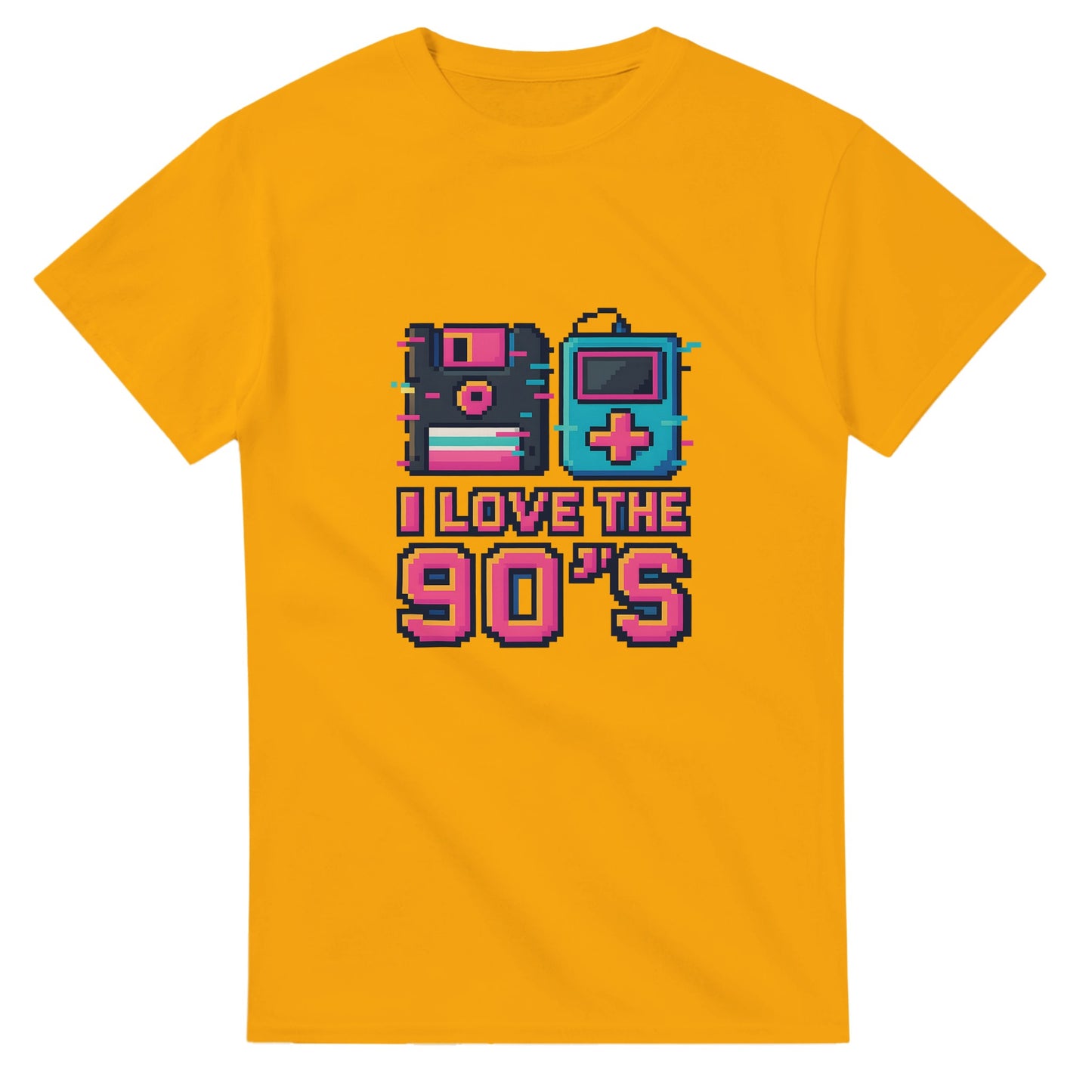 Retro T-shirt med disketter och musikspelare i pixelart och glitch-effekter. Perfekt för 90-tals nostalgi.