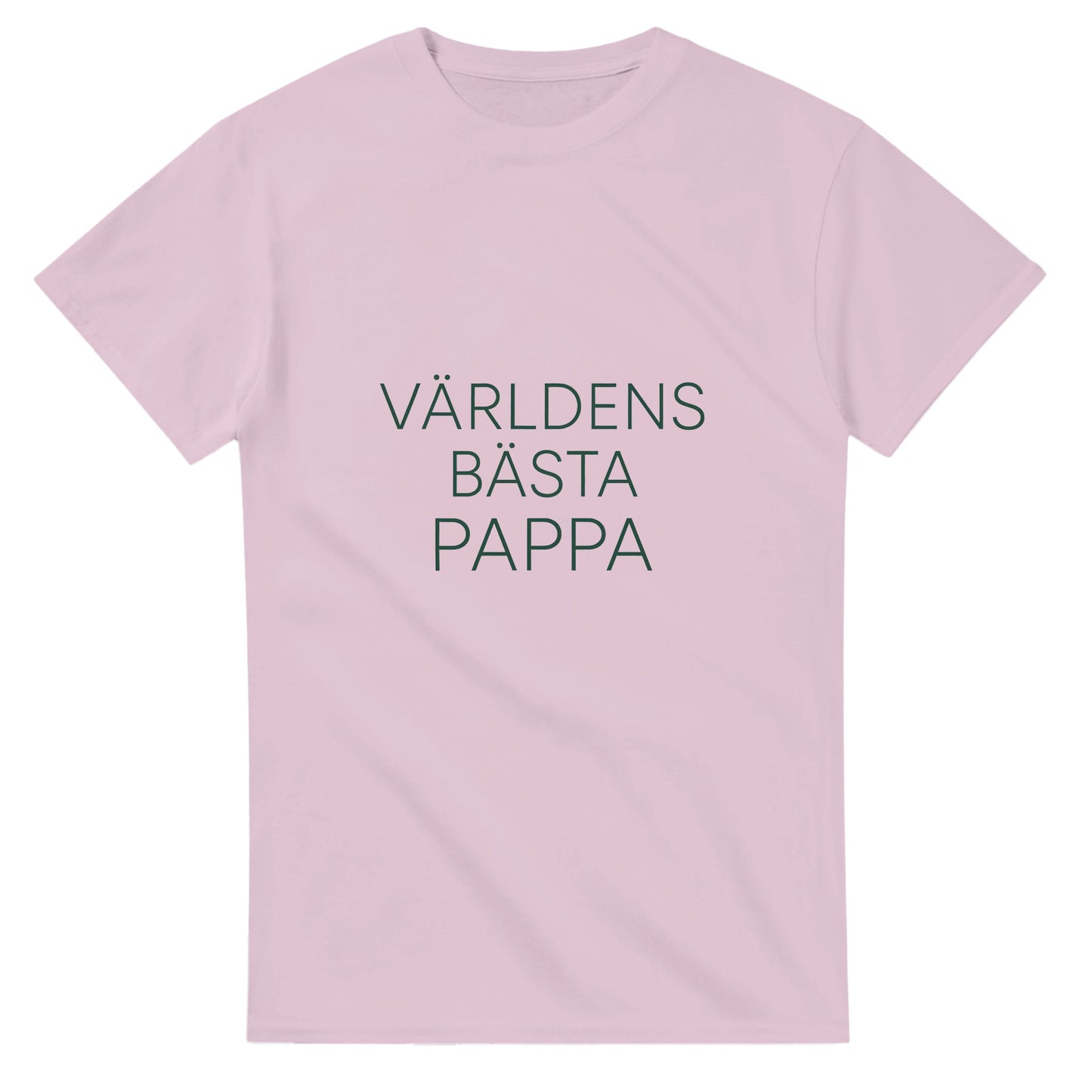 T-shirt med minimalistisk design, 'Världens bästa pappa' i tunn sans-serif font, elegant mörkgrön färg.