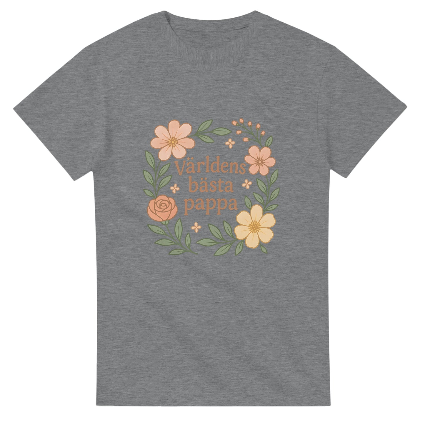 T-shirt med blommor och texten 'Världens bästa pappa'. Mjuka, stilrena toner för att fira pappa.