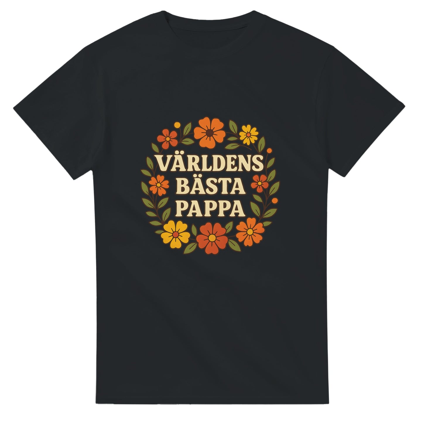 T-shirt med blomstrande mönster och texten 'Världens bästa pappa' i varma toner. En hyllning till pappa i blomstrande stil.