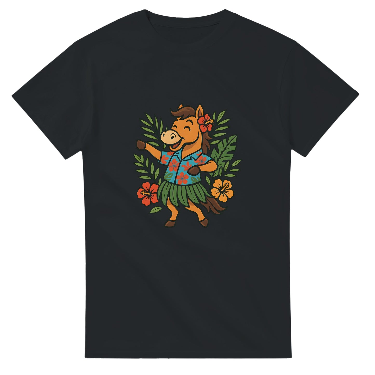 Häst i Hawaii-skjorta och gräs-kjol dansar hula, perfekt för tropikälskaren!