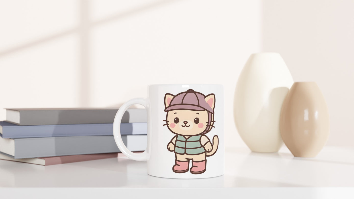Kattunge i ridutrustning, hjärtvärmande mugg för katt- och ridentusiaster.