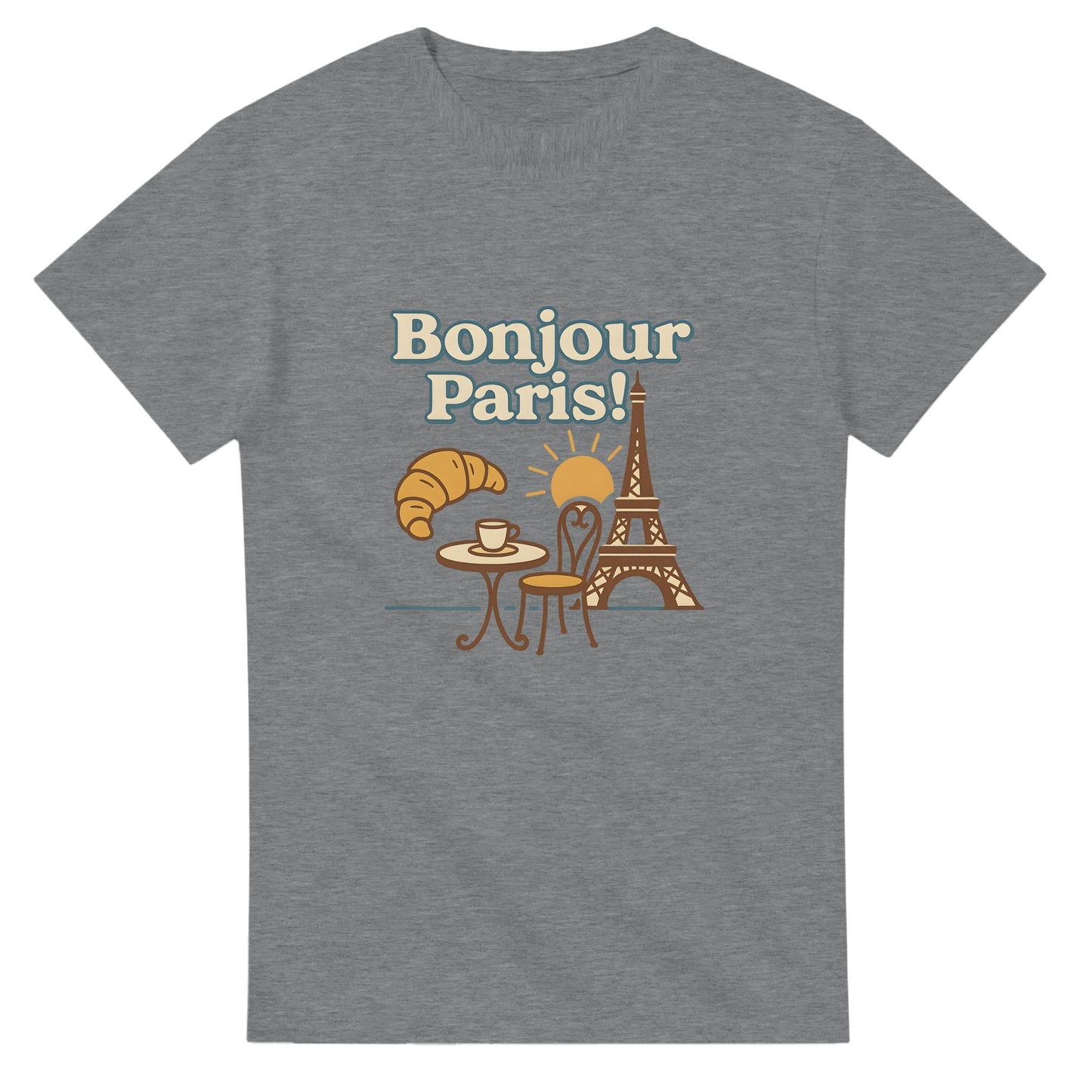 Klassisk T-shirt med äkta parisisk charm. Hälsa dagen med Frankrikes caféer i denna Bonjour Paris!-tröja.