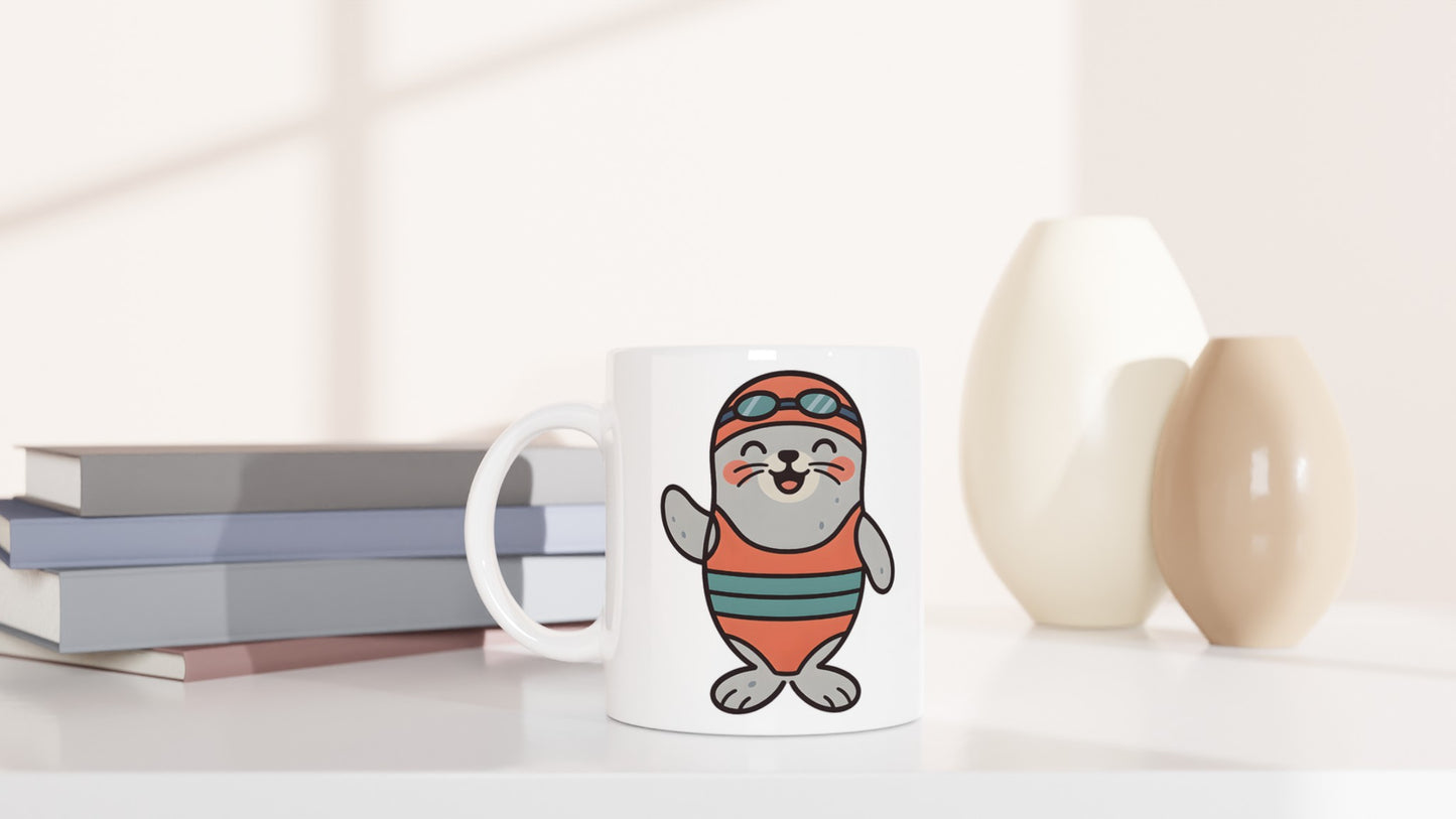 Mugg med glad säl i badkläder, perfekt för en uppiggande start på dagen.