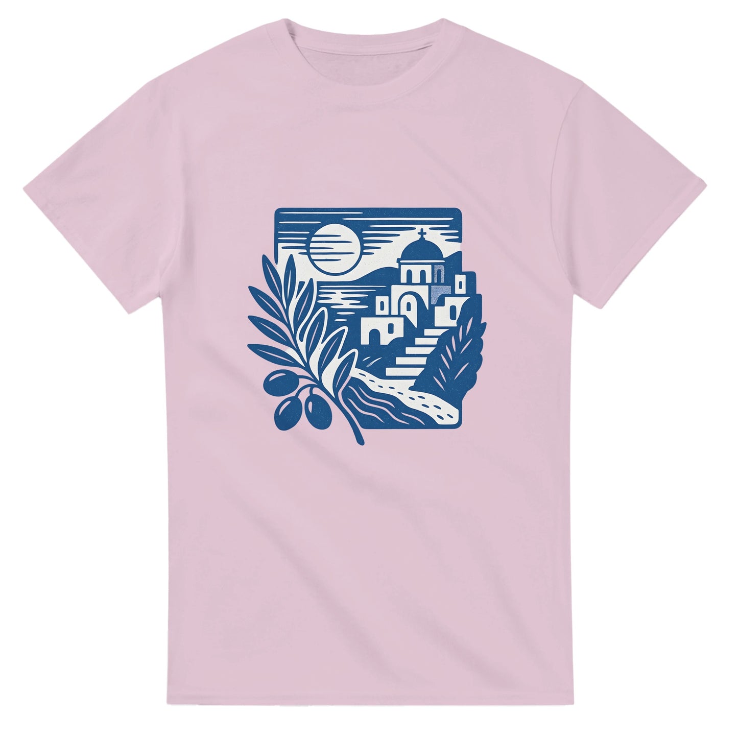 T-shirt med nostalgiskt motiv av grekiskt landskap med olivgrenar och kustvyer. Perfekt för att njuta av skönheten i Grekland.