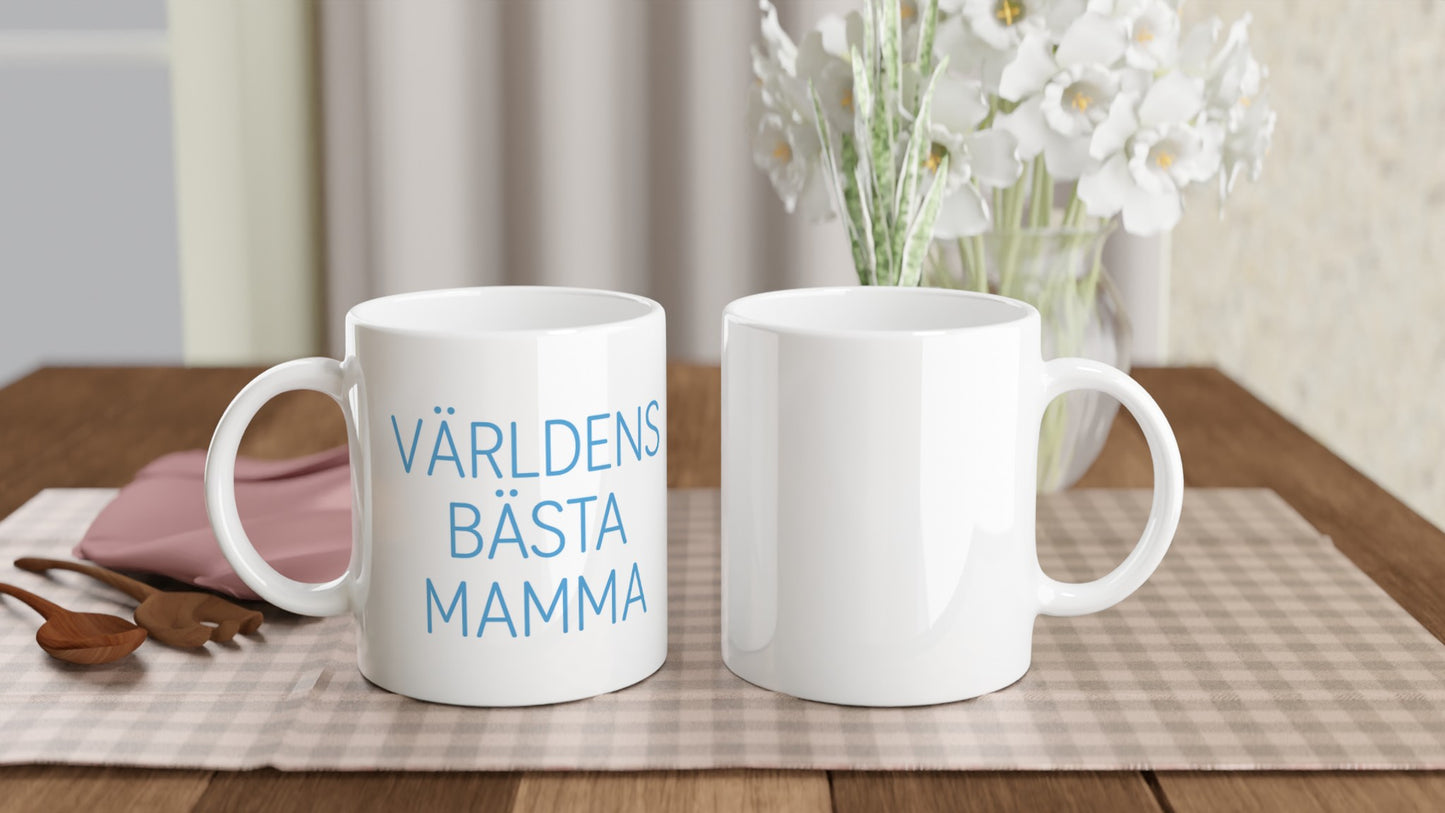 T-shirt med minimalistisk design för mamma, med texten 'Världens bästa mamma' i ljusblått.
