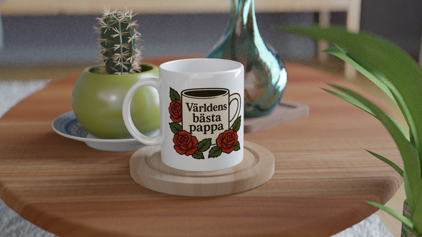 Stilren mugg med elegant typografi och rosor, perfekt för den tidlösa pappan. Enkelt och kraftfullt budskap.
