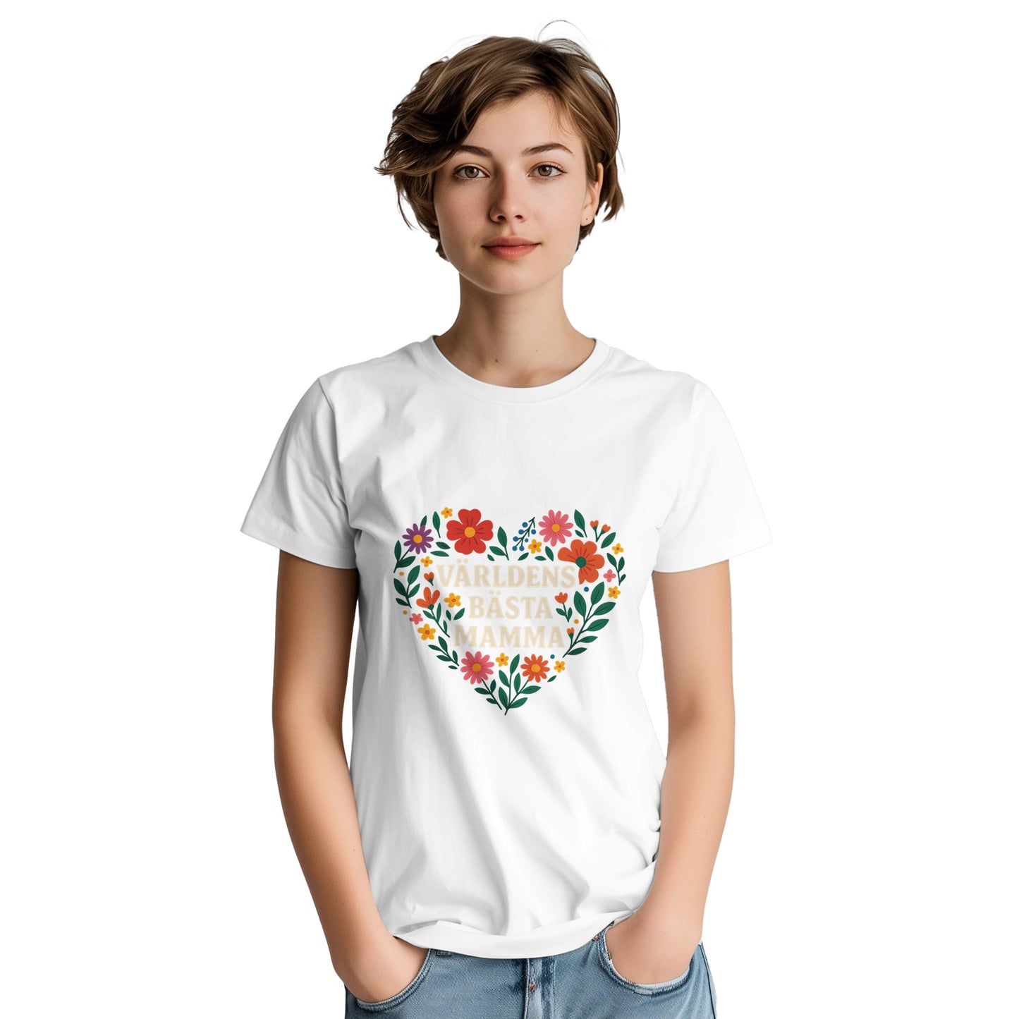 T-shirt med texten 'Världens bästa mamma' i ett hjärta av blommor. Perfekt gåva till mamma!