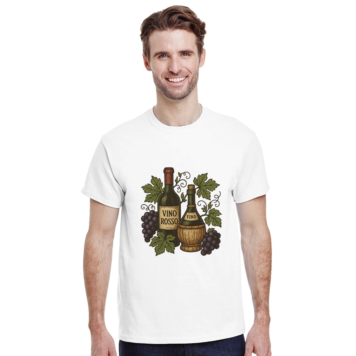 T-shirt med vin och vinstockar, perfekt för att fira italiensk tradition. Vacker vintage vinillustration för vinentusiaster.