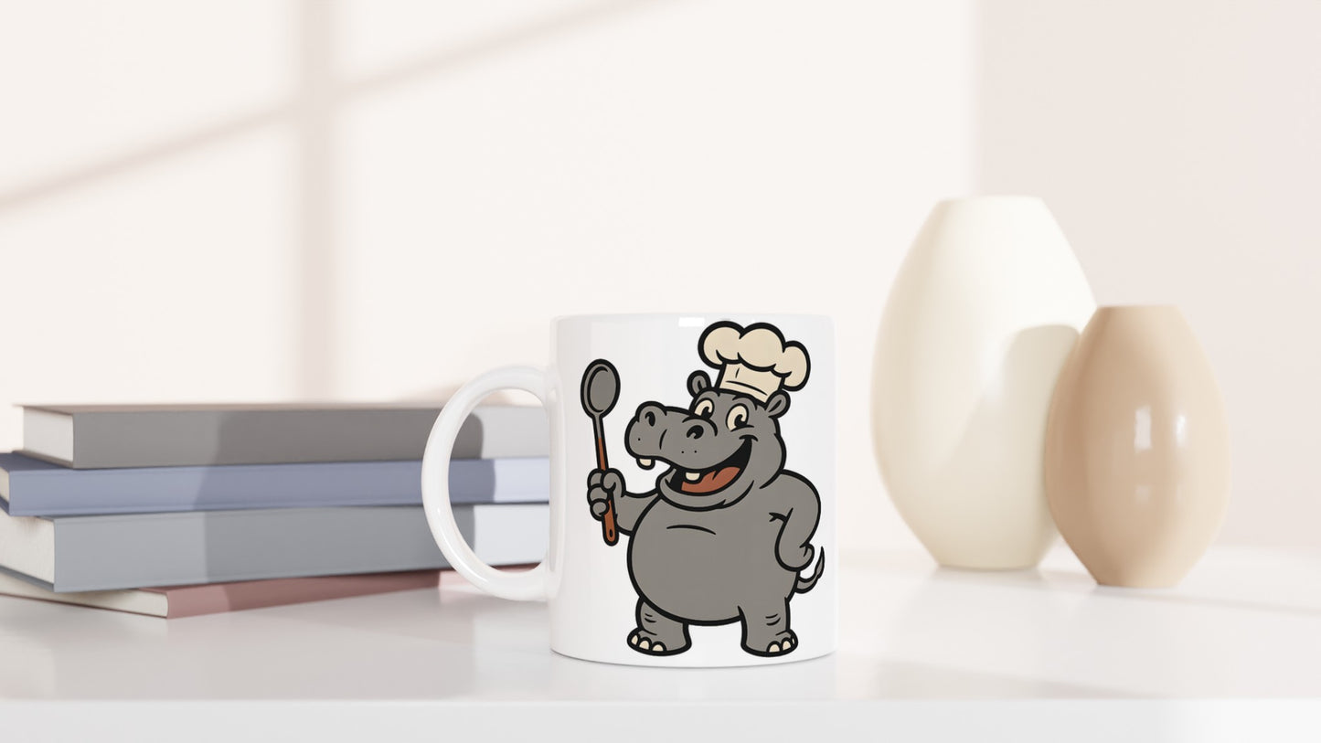 Kockflodhästmugg med rolig design, perfekt present för kockentusiasten. Flodhäst med kockmössa och slev.