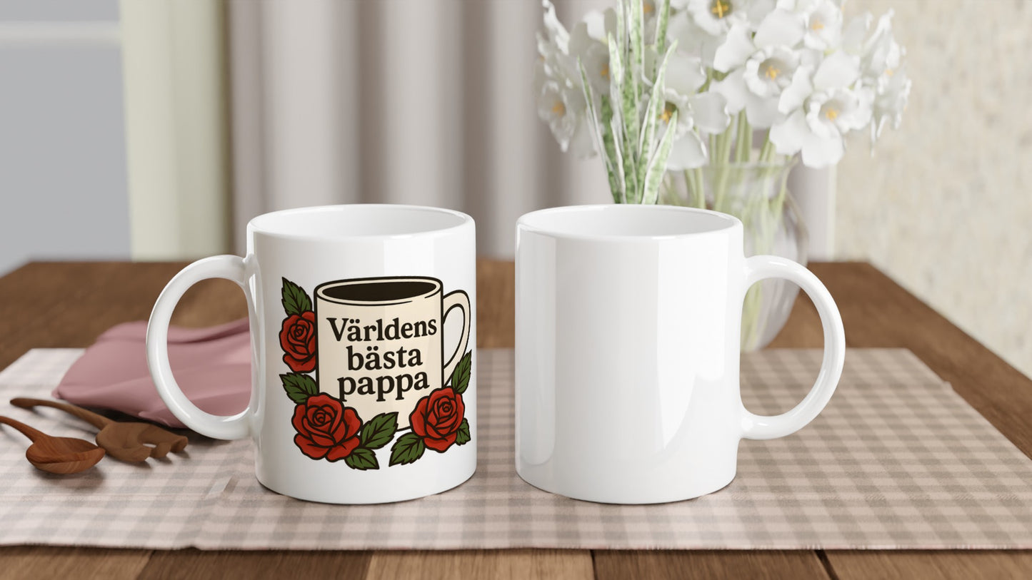 Stilren mugg med elegant typografi och rosor, perfekt för den tidlösa pappan. Enkelt och kraftfullt budskap.