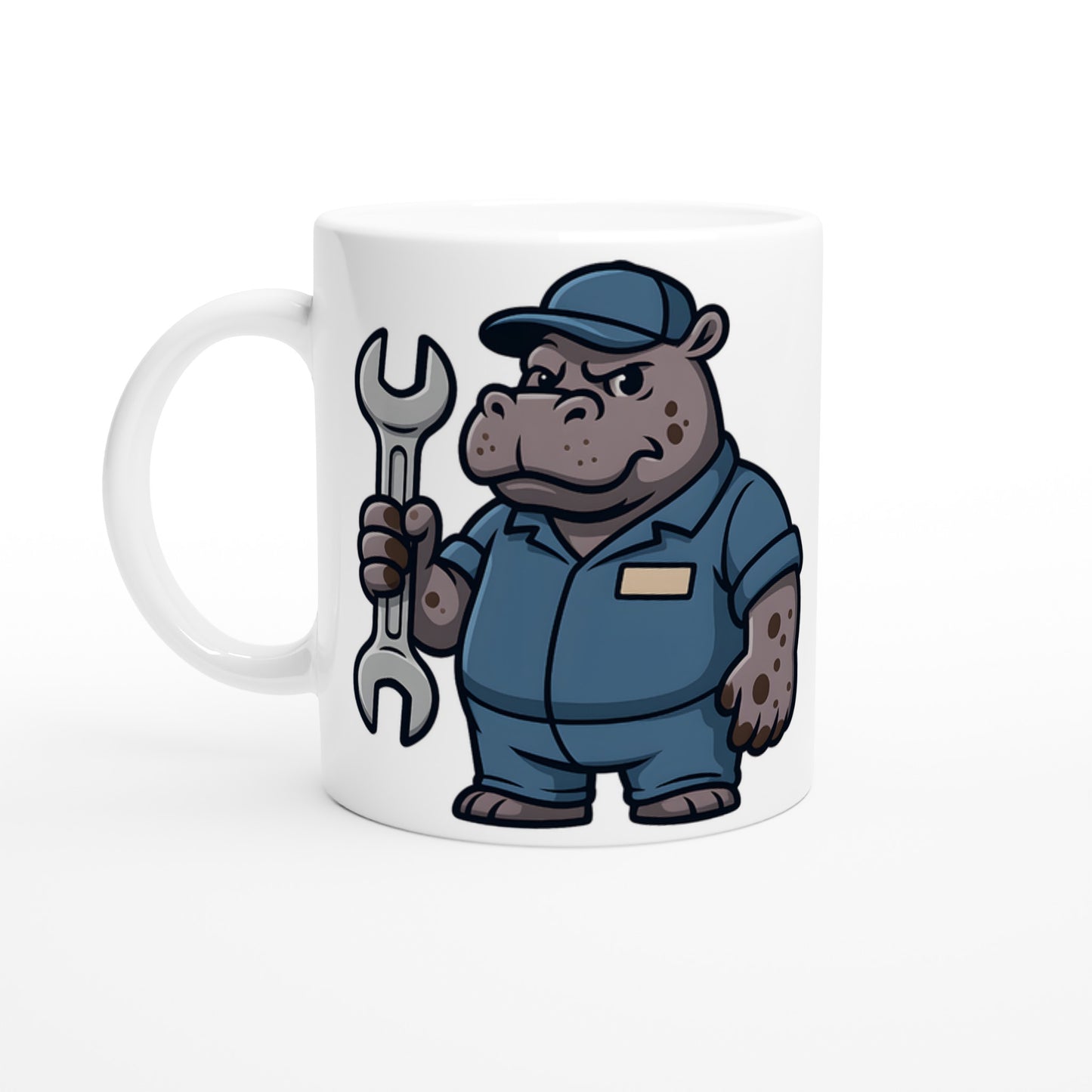 Flitig Flodhäst - Mugg med mekaniker flodhäst, redo med skiftnyckel och smutsiga tassar. Rolig och unik mugg.