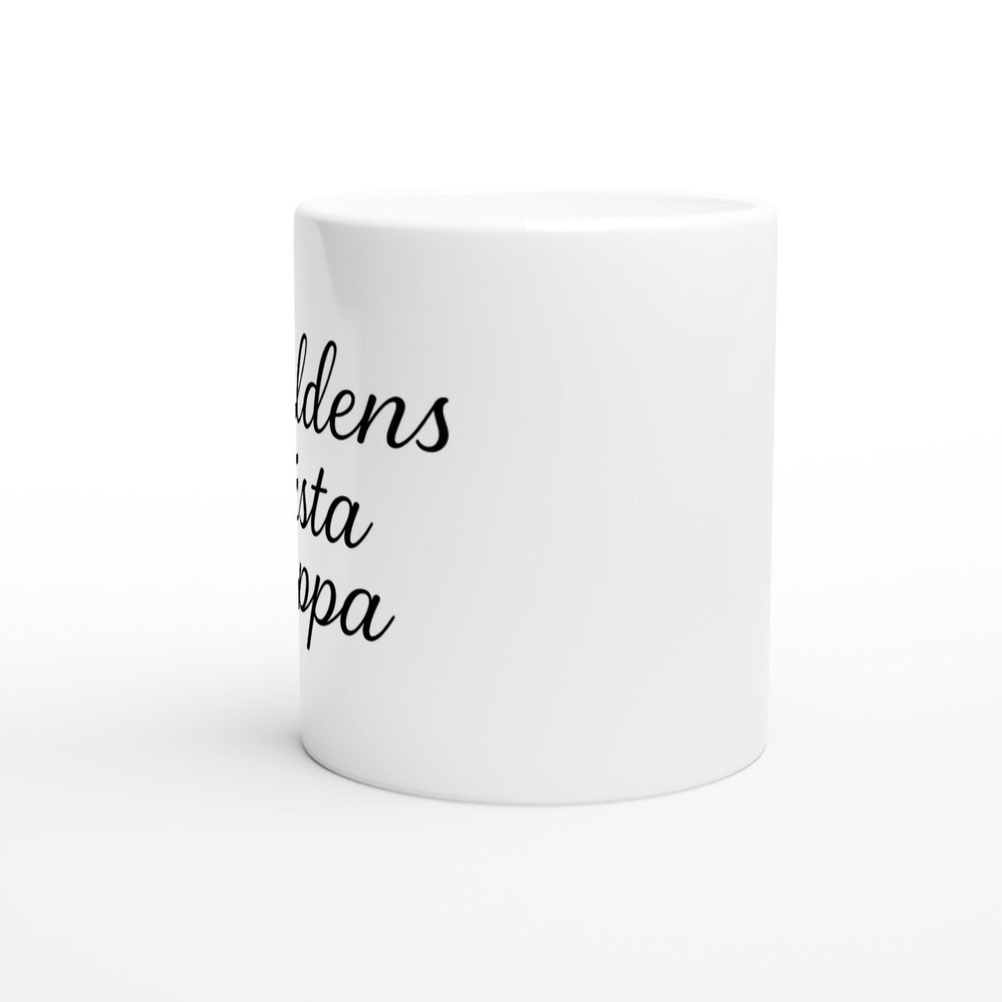 Mugg för pappa i elegant svartvitt med texten 'Världens bästa pappa' i tunn kalligrafisk font. Tidlös hyllning.