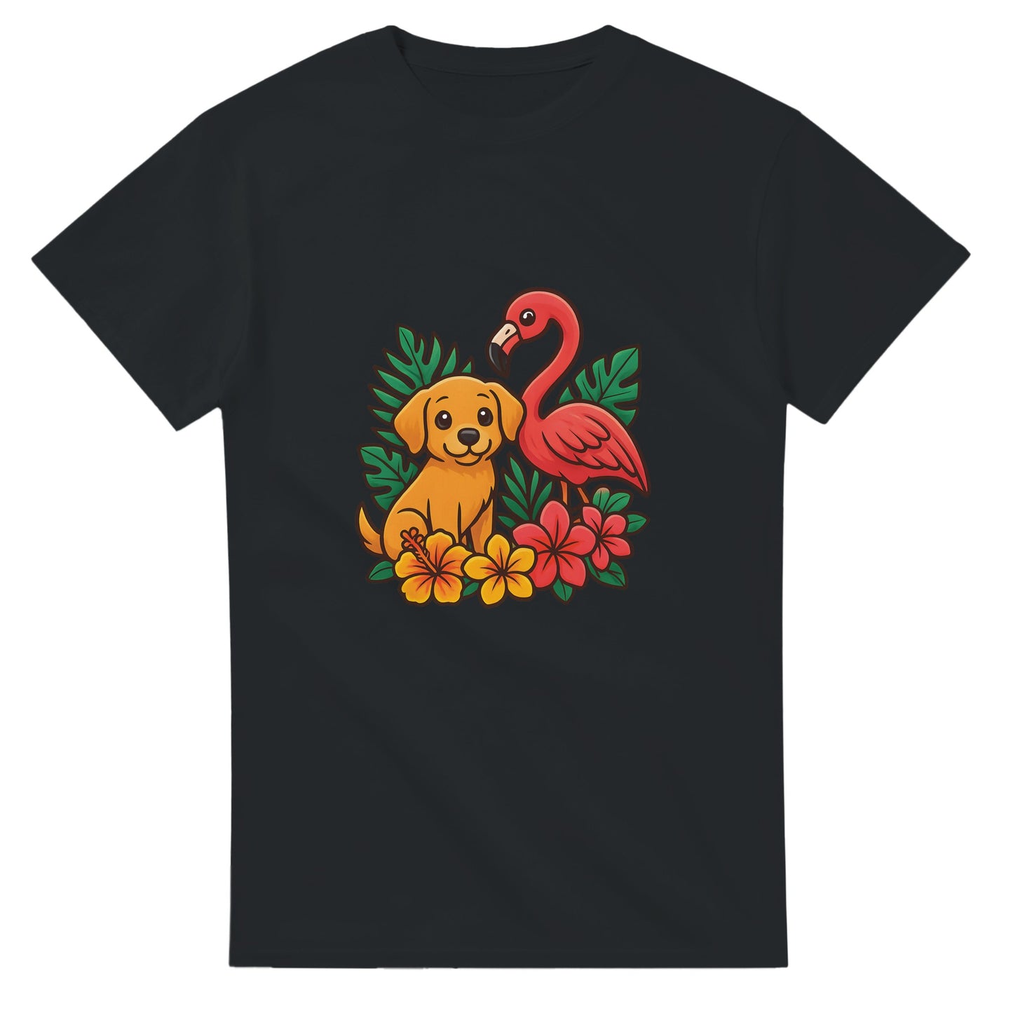 T-shirt med hund och flamingo i tropisk miljö, charmig och trendig design med färgglada blommor.