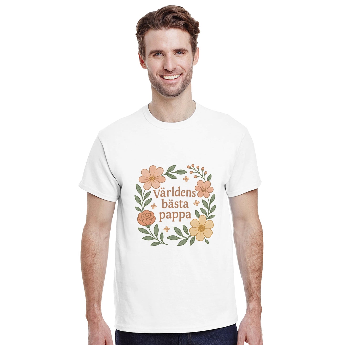 T-shirt med blommor och texten 'Världens bästa pappa'. Mjuka, stilrena toner för att fira pappa.