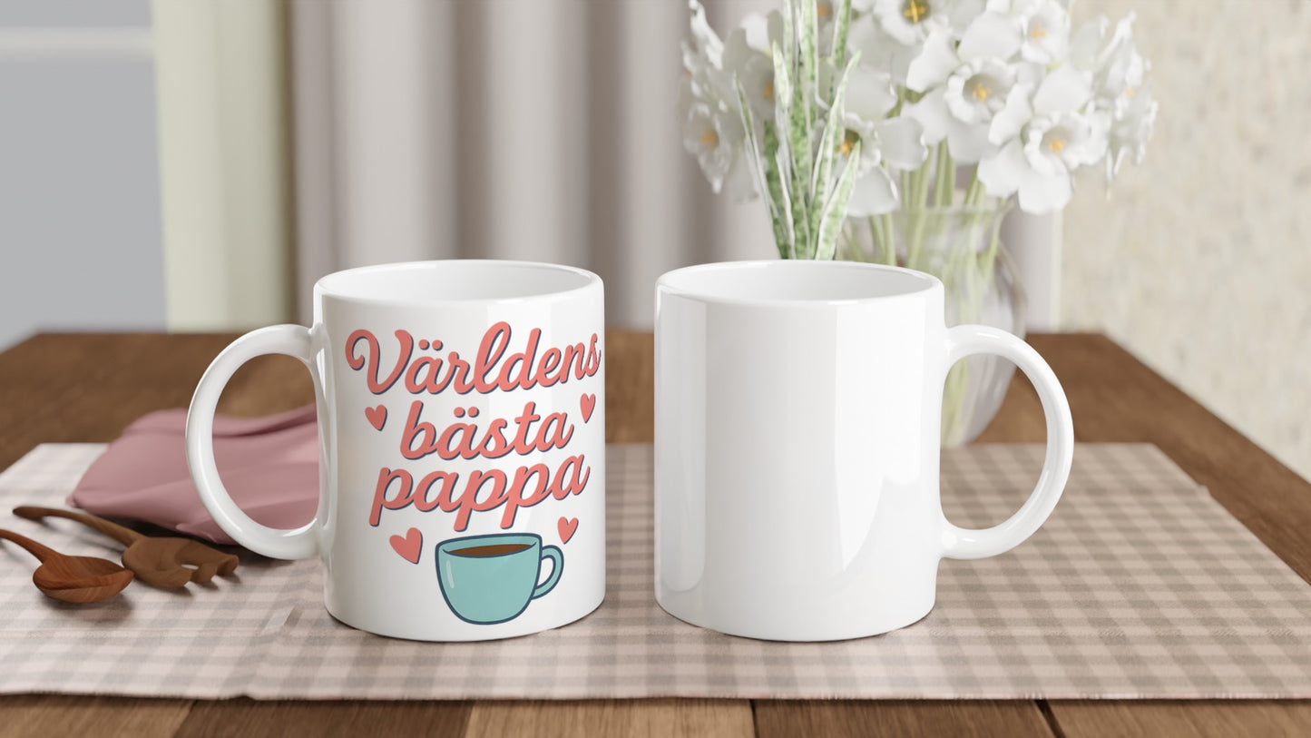 Mugg med texten 'Världens bästa pappa' i mjuka bokstäver. Perfekt present till fars dag!