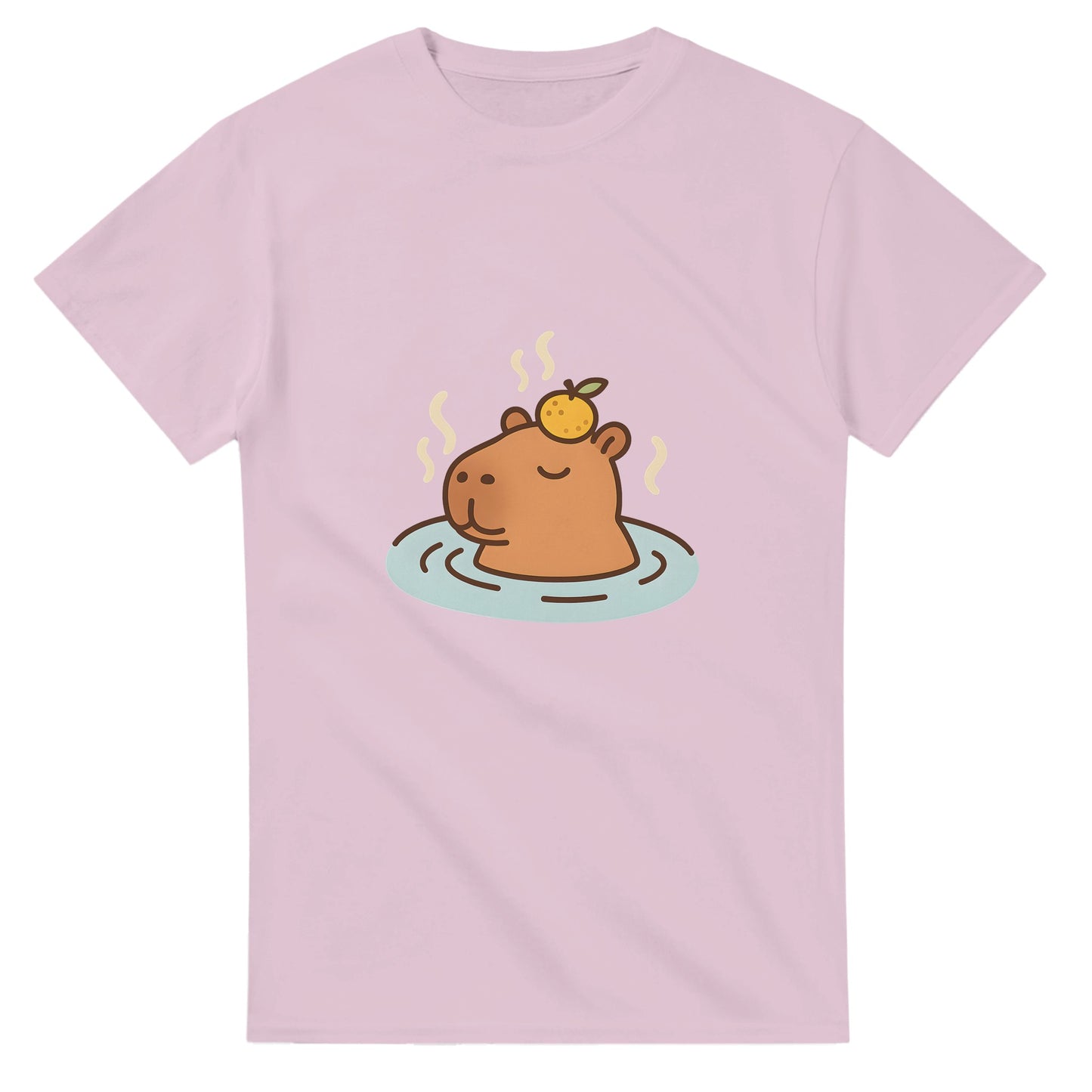 Capybara i varm källa med citrus på huvudet. Lekfullt motiv för total zen och värme.