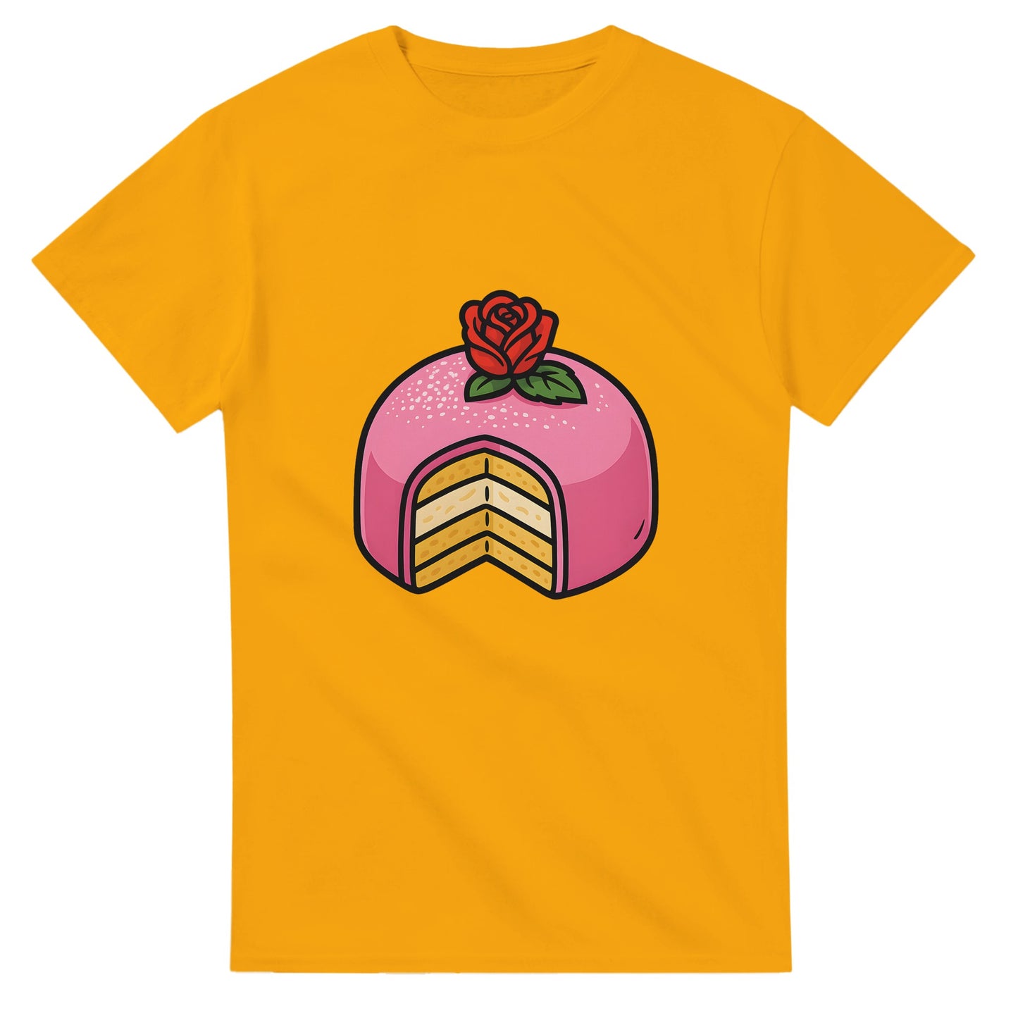 T-shirt med prinsesstårta i rosa marsipan och grädde, perfekt för sötsakälskare.