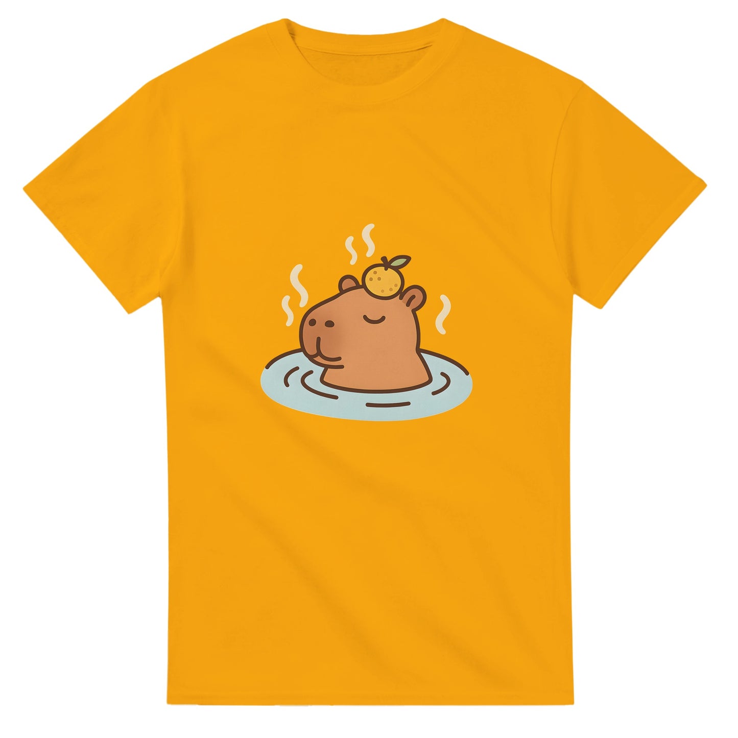 Capybara i varm källa med citrus på huvudet. Lekfullt motiv för total zen och värme.