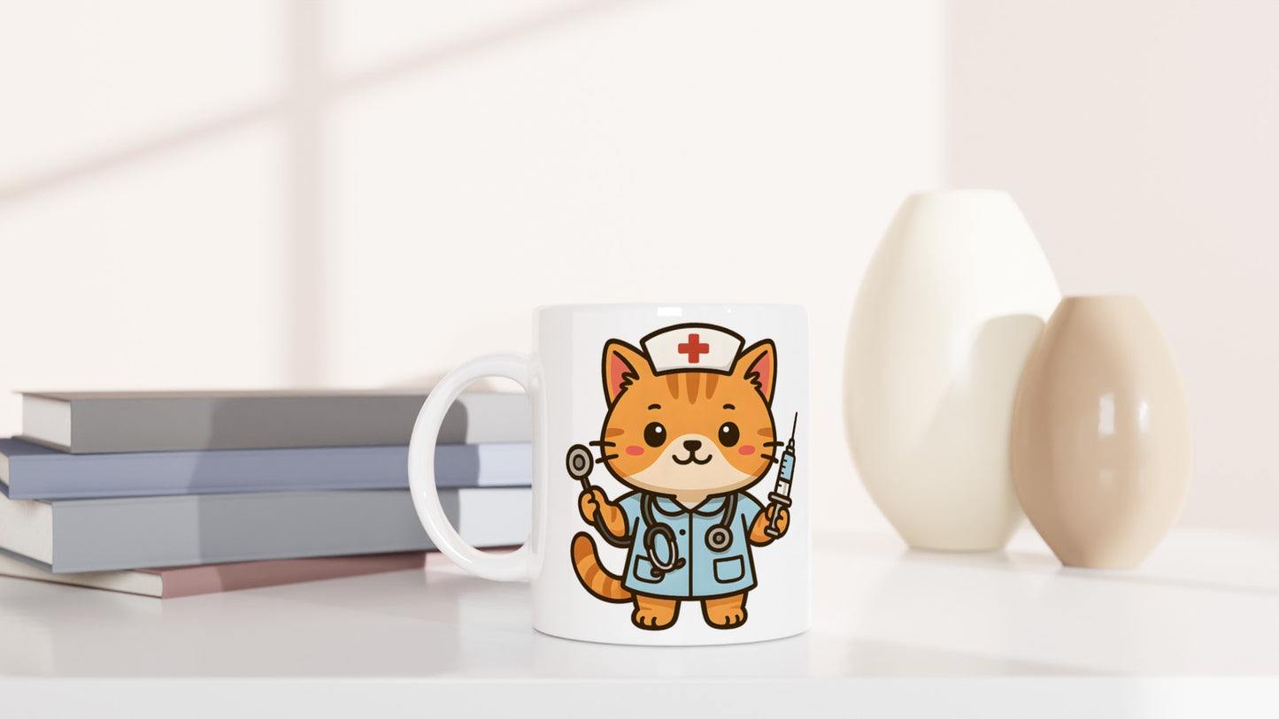 Katt Sjuksköterska Mugg - Charmig mugg med katt i sjuksköterskeuniform, välutrustad för kattälskande sjuksköterskor!