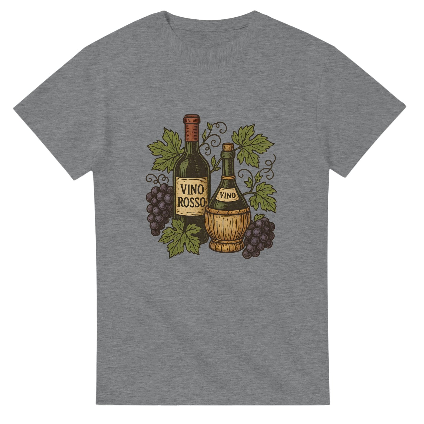 T-shirt med vin och vinstockar, perfekt för att fira italiensk tradition. Vacker vintage vinillustration för vinentusiaster.