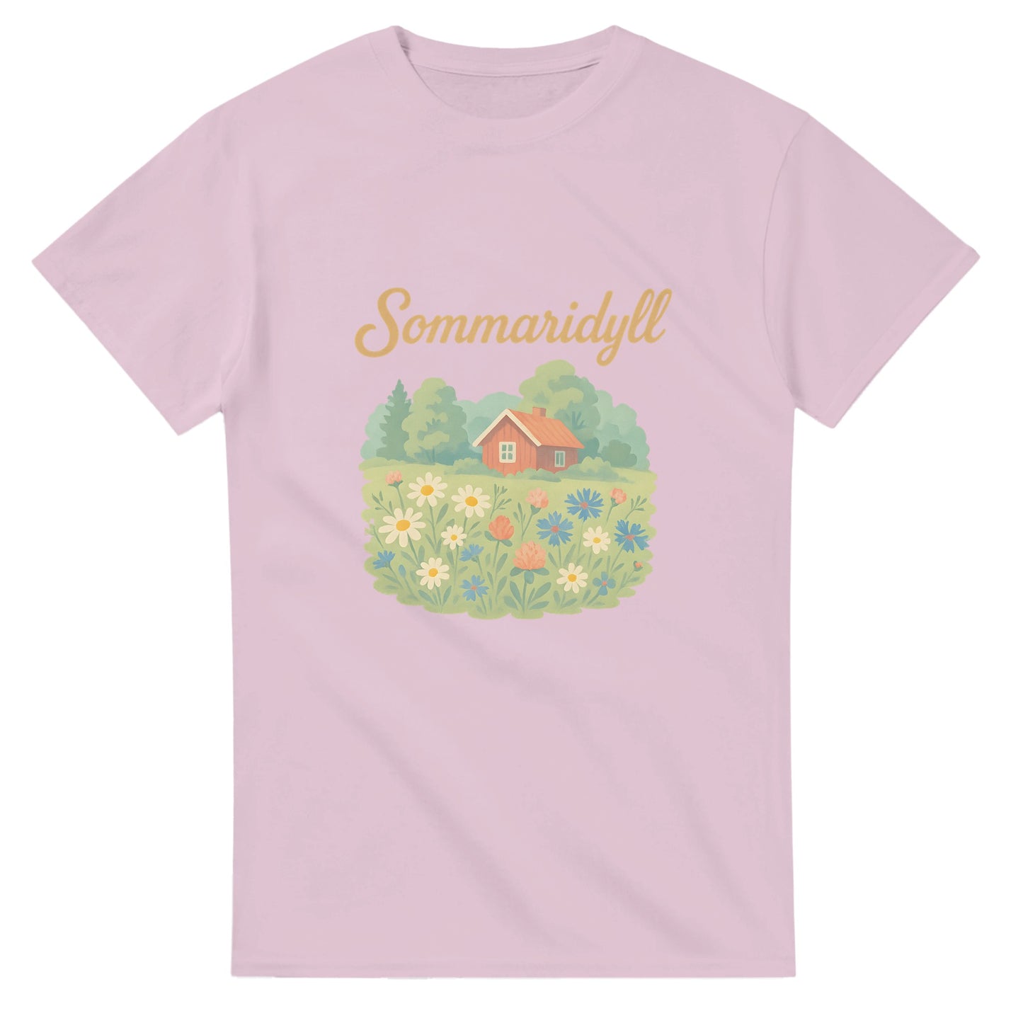 T-shirt med svensk vintageillustration av sommaräng, med texten Sommaridyll. Perfekt för nostalgiska sommarens.