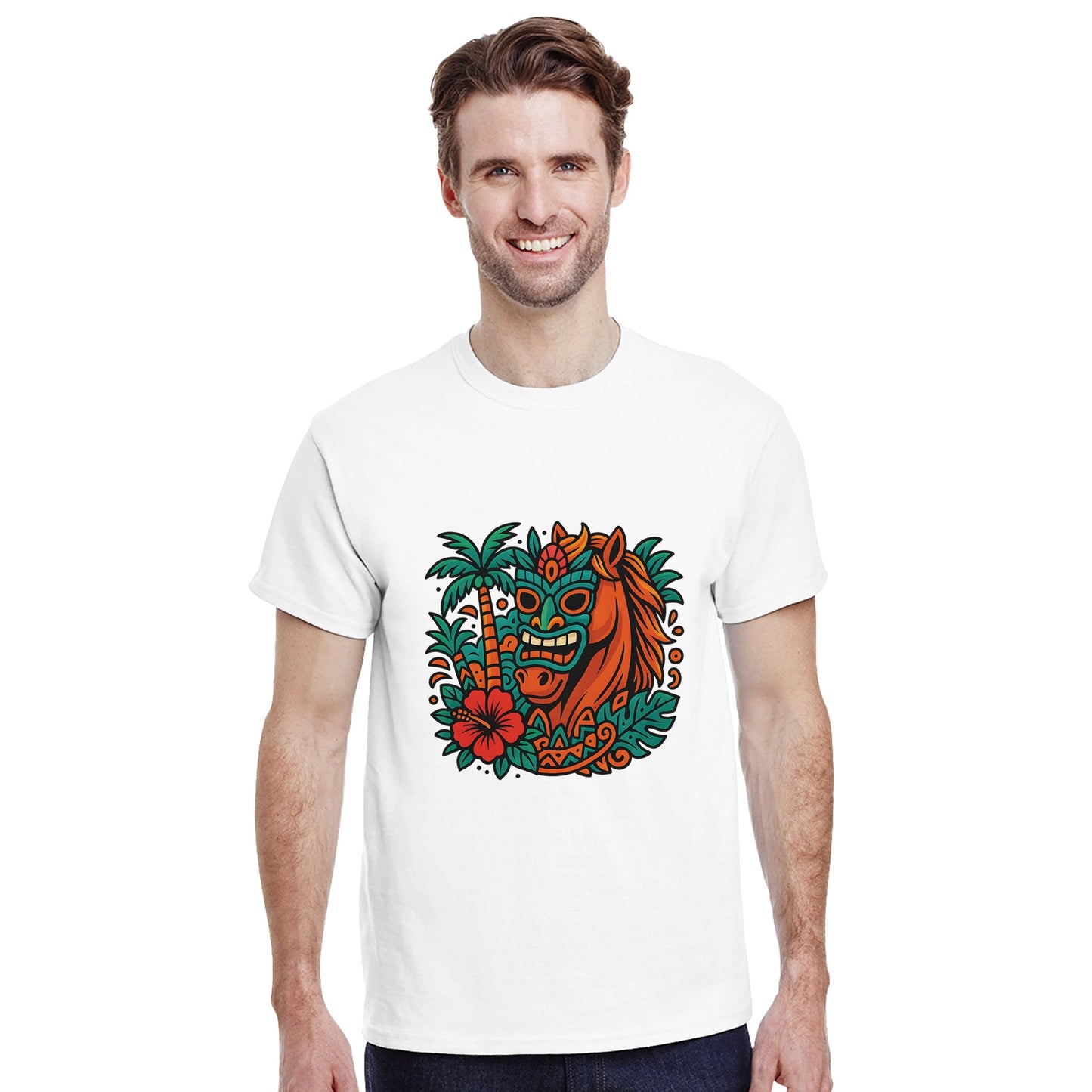 Tropisk häst med tiki-mask och färgglada mönster, en färgsprakande upplevelse!