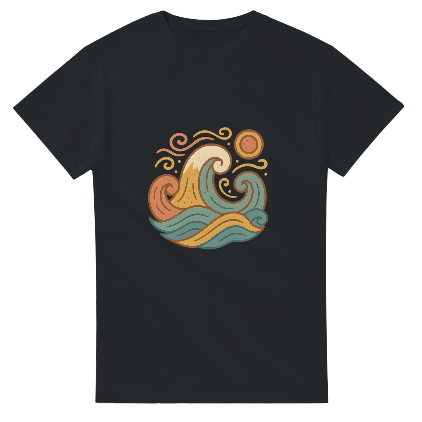 T-shirt med spanska vindar, stiliserade vågor och dämpade medelhavsnyanser. Fångar känslan av varma vindar i Spanien.