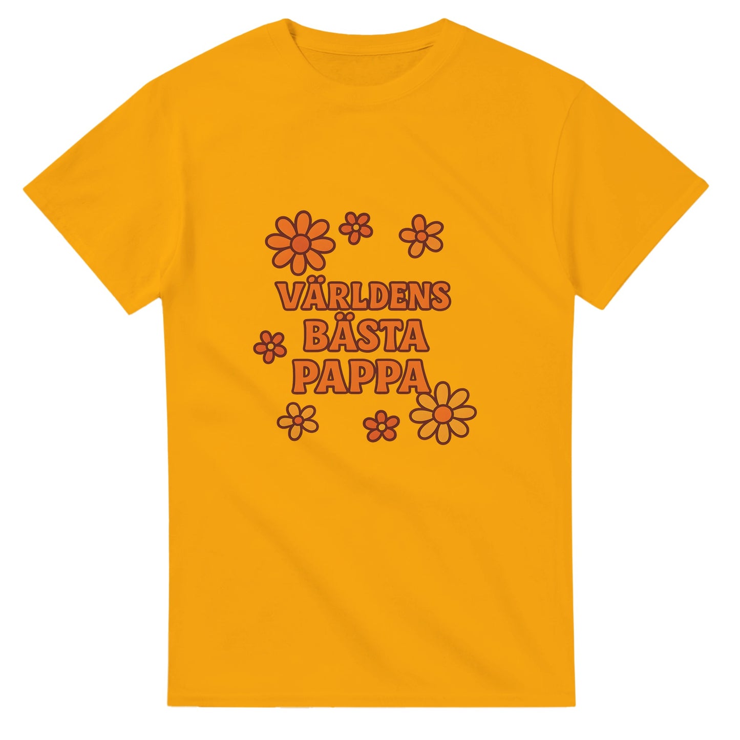 T-shirt med 'Världens bästa pappa' och dekorativa blommor i varma färger.