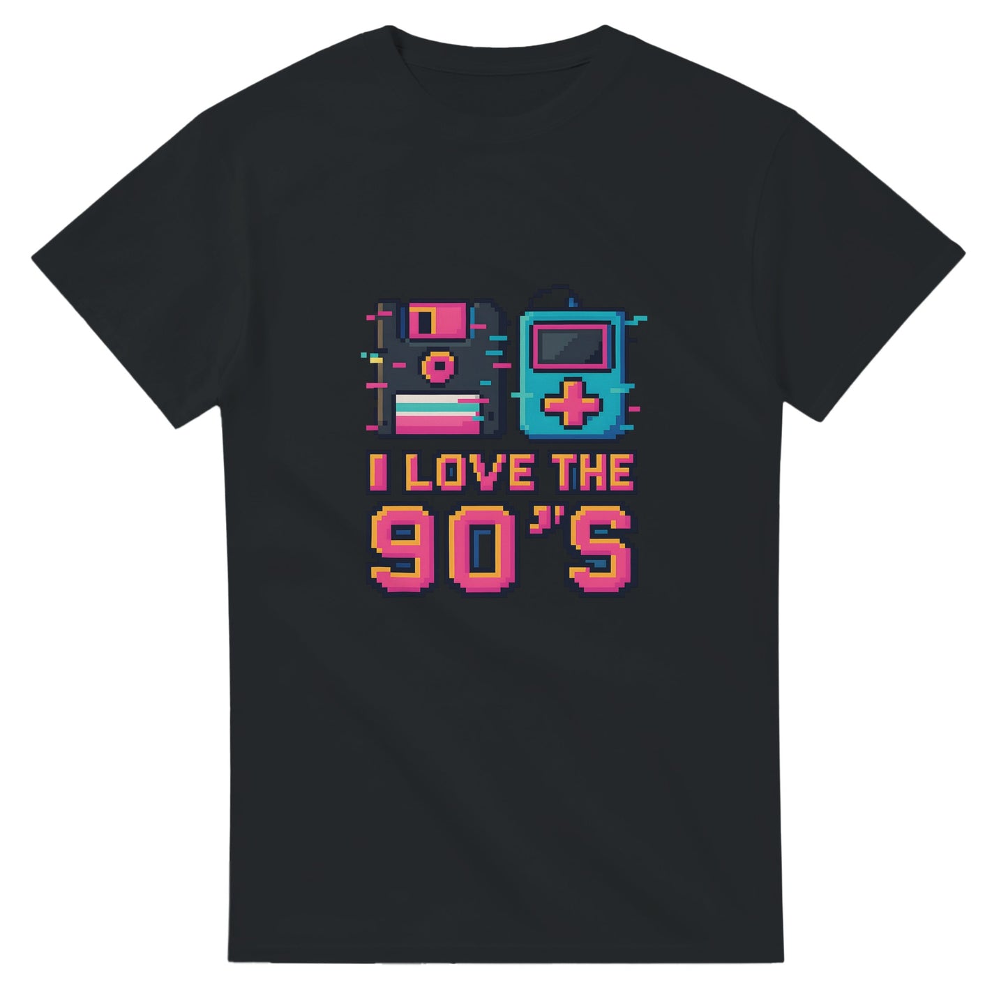 Retro T-shirt med disketter och musikspelare i pixelart och glitch-effekter. Perfekt för 90-tals nostalgi.
