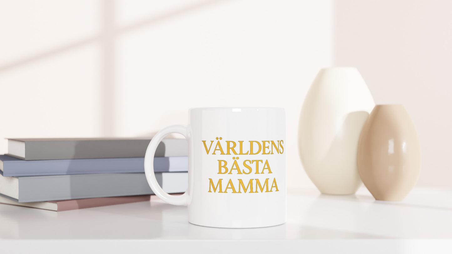Mugg Guldglimt till Mamma - Lyxig mugg med 'Världens bästa mamma' i modern serif-font och skimrande guldgul färg.