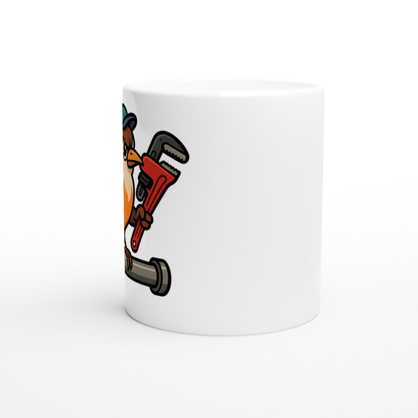 Fågel med rörtång visar sina rörmokarfärdigheter på rolig mugg för DIY-fans.