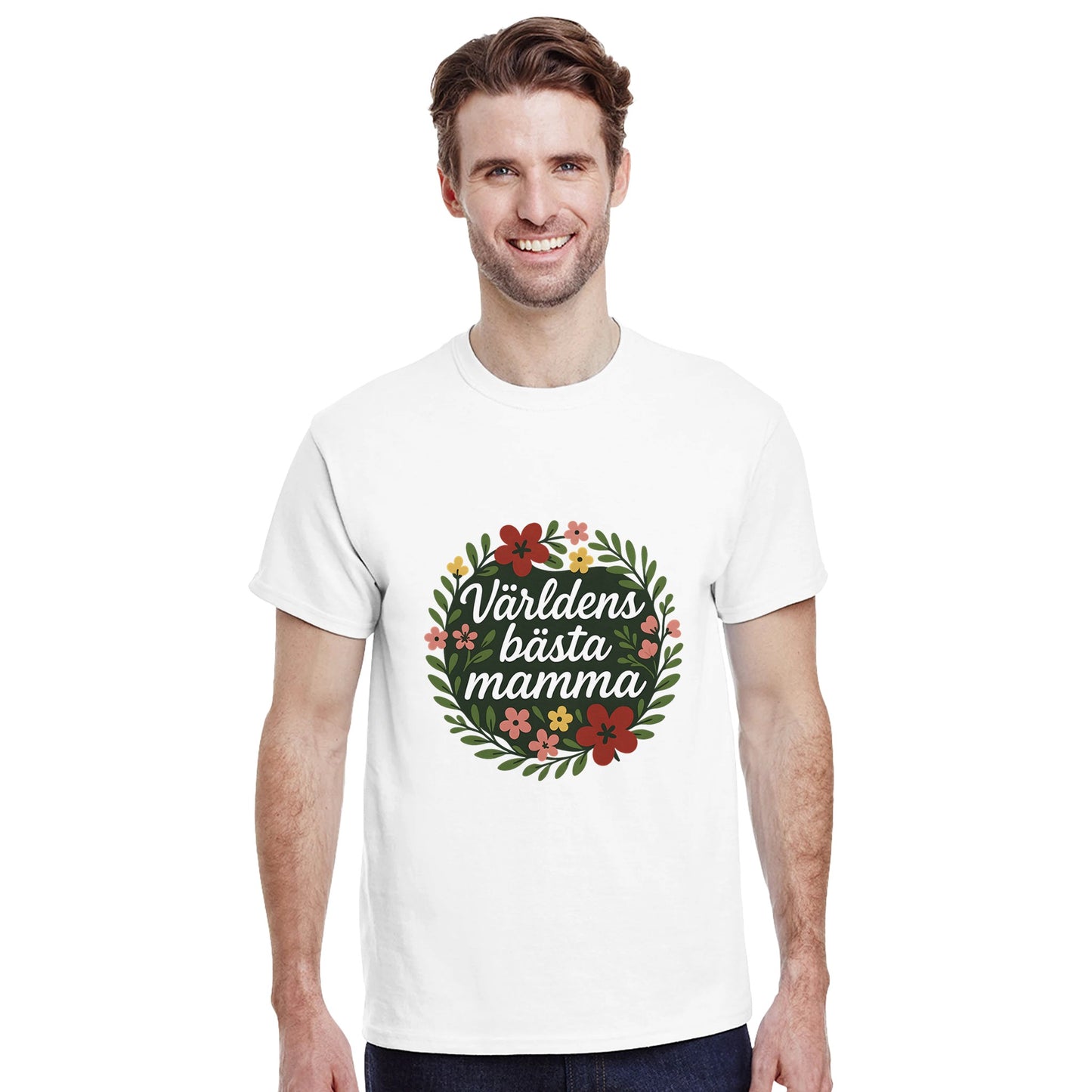 T-shirt med blommor och text, perfekt för att hylla världens bästa mamma med stil och elegans.