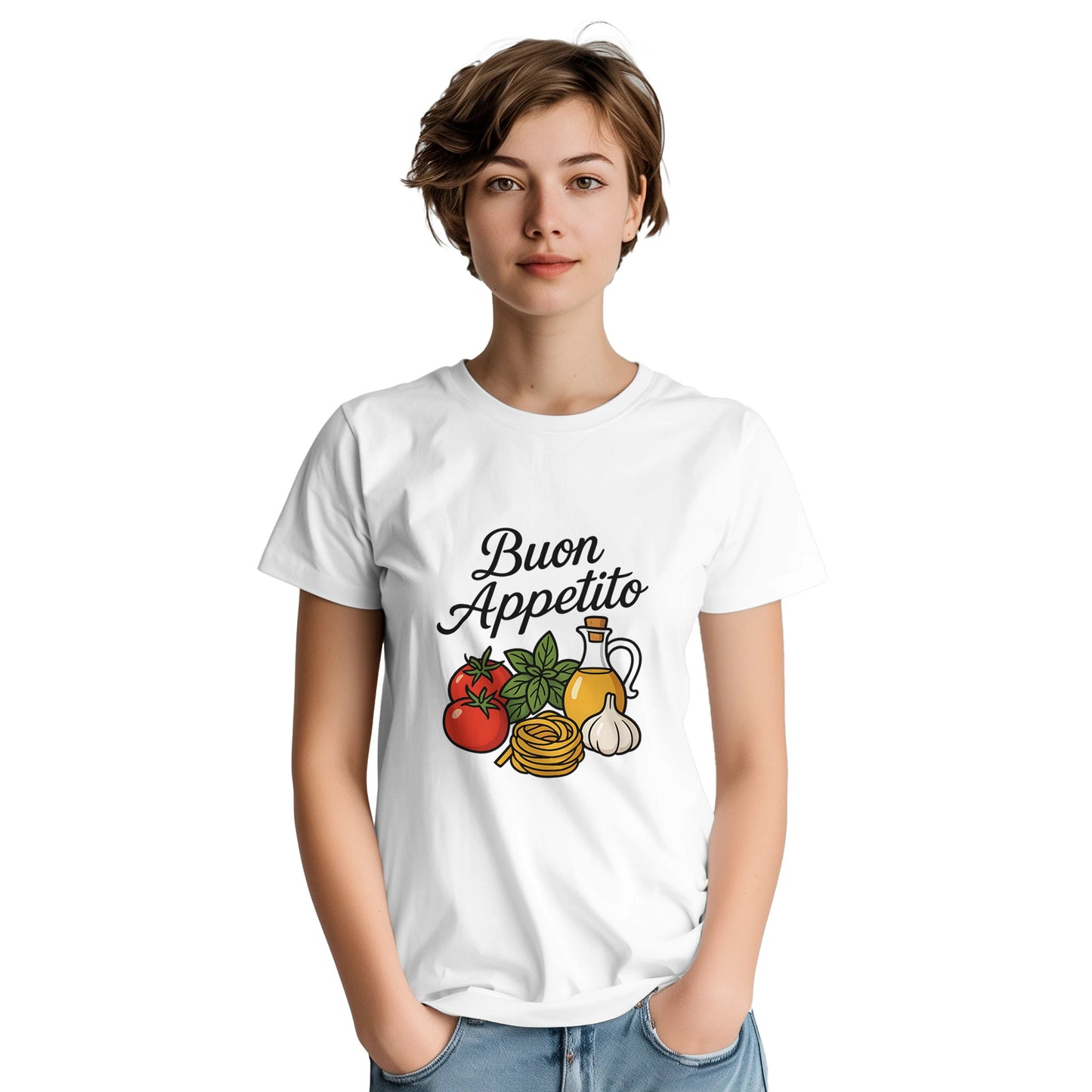T-shirt med handskriven text 'Buon Appetito'. Konstnärlig hyllning till italiensk matglädje. Perfekt för köket!