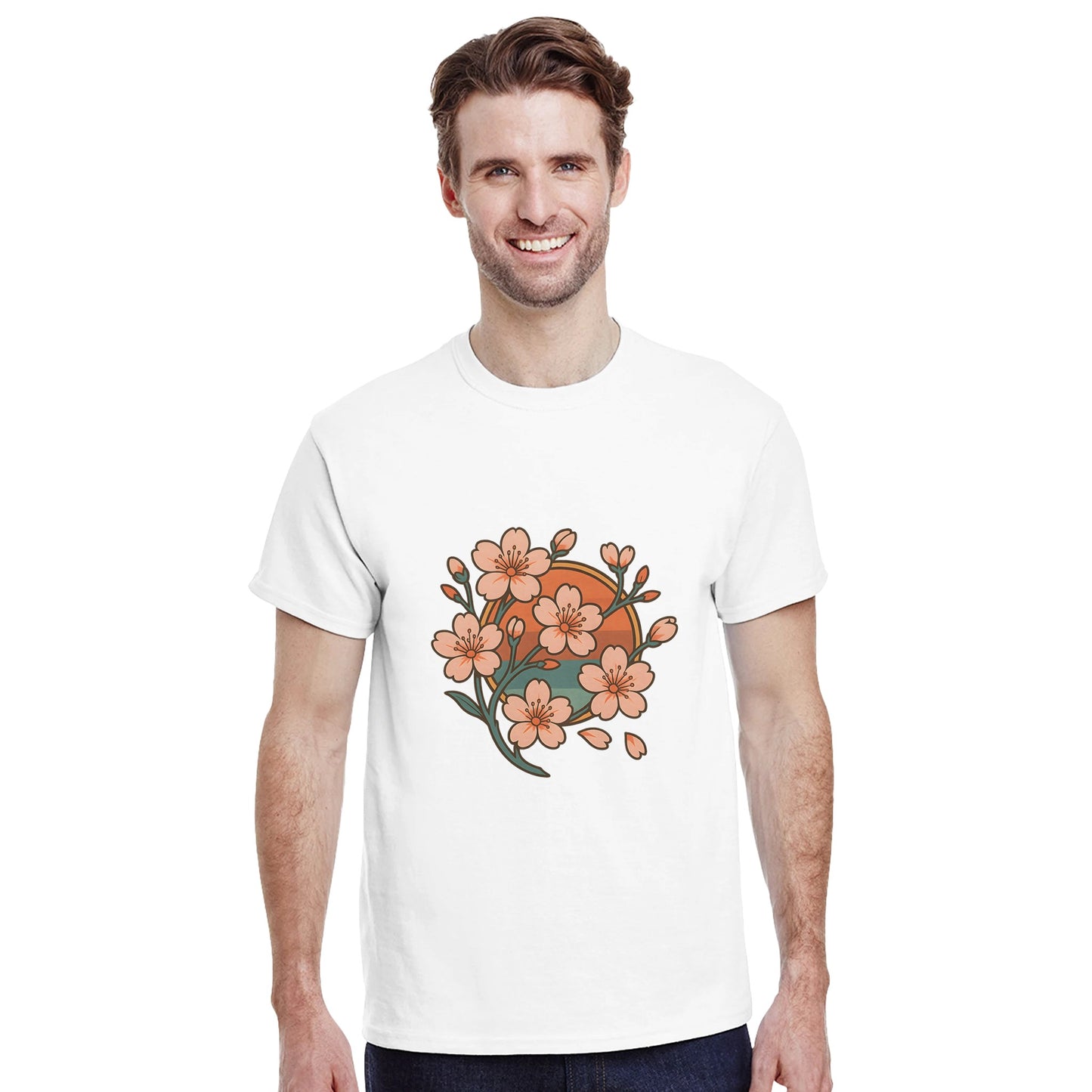 Vårinspirerad T-shirt med körsbärsblommor i retrostil, fånga den japanska vårrenässansen.