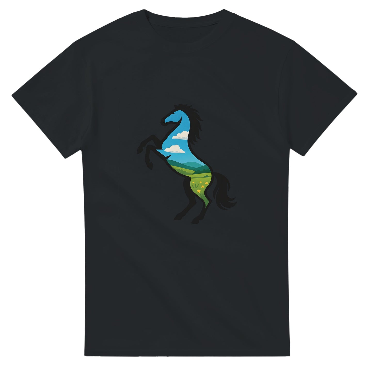 T-shirt med stegrande vildhäst och öppna fält, symbol för frihet.