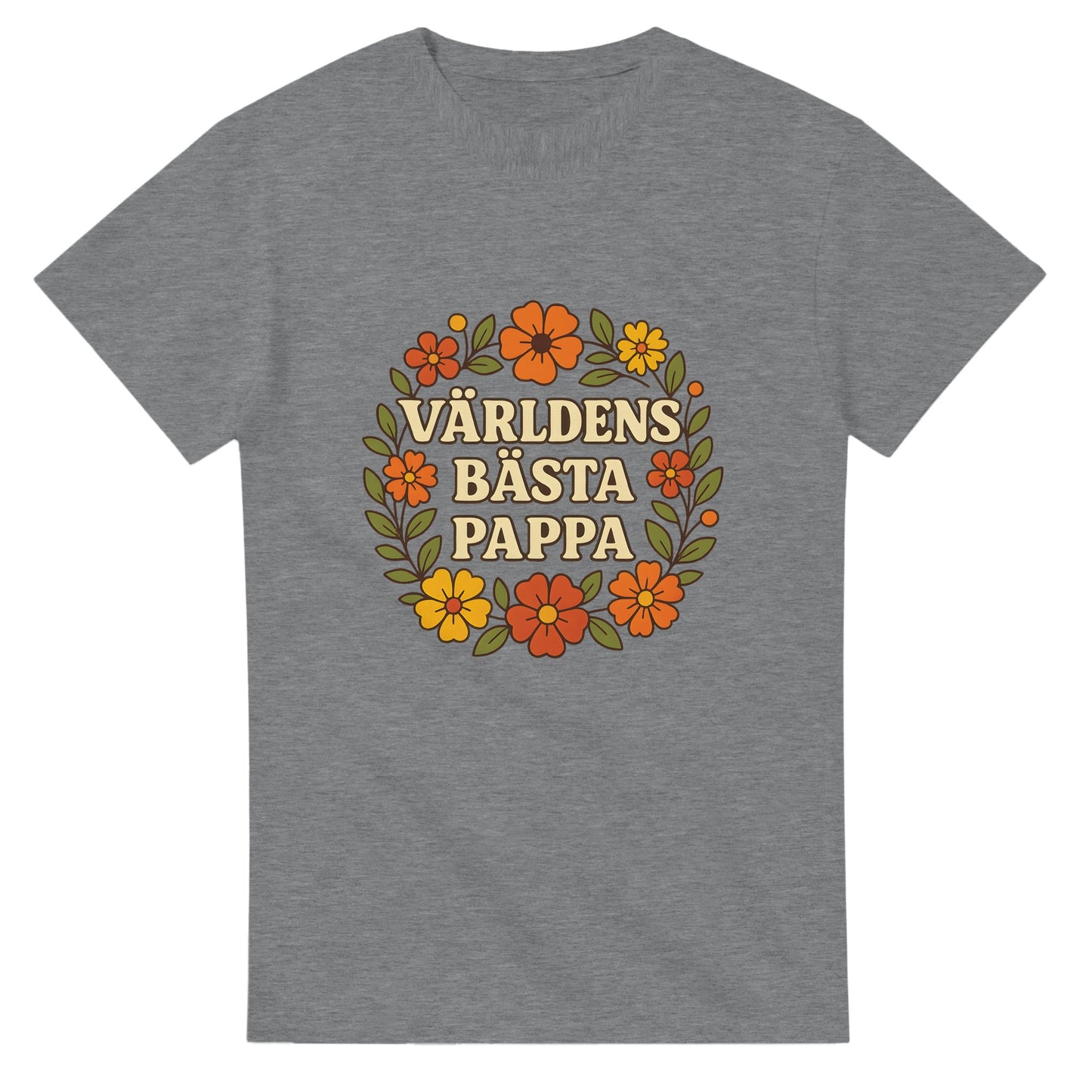 T-shirt med blomstrande mönster och texten 'Världens bästa pappa' i varma toner. En hyllning till pappa i blomstrande stil.