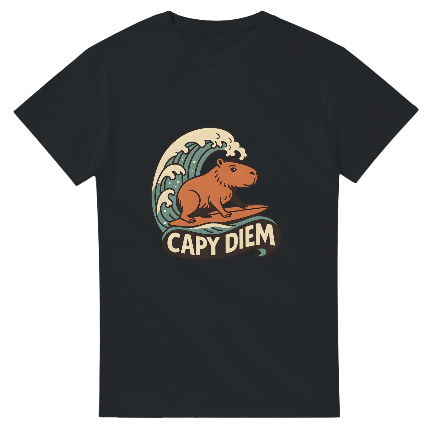 Capy Diem - Surfande capybara som symboliserar positivitet och livsglädje på stranden. Perfekt för strandälskare!