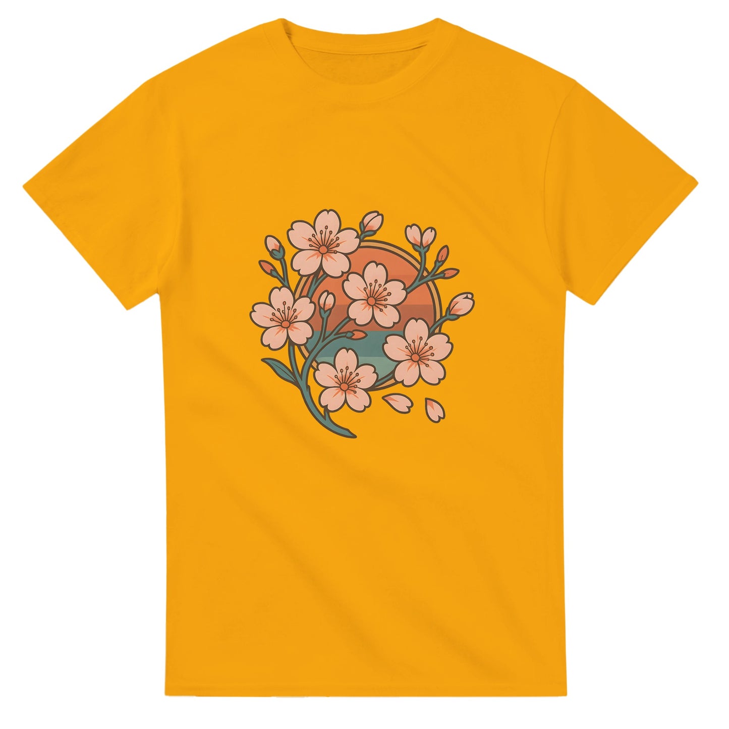 Vårinspirerad T-shirt med körsbärsblommor i retrostil, fånga den japanska vårrenässansen.