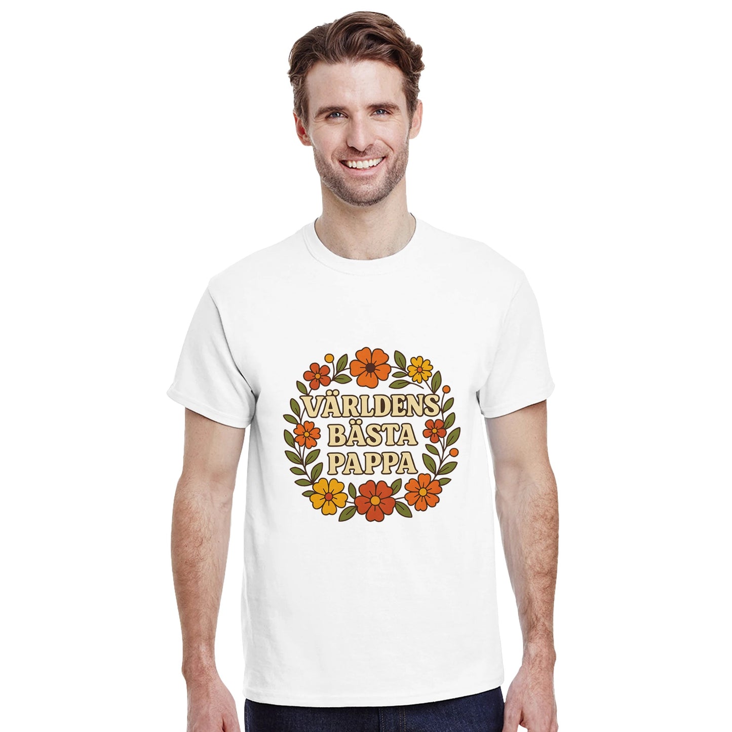 T-shirt med blomstrande mönster och texten 'Världens bästa pappa' i varma toner. En hyllning till pappa i blomstrande stil.