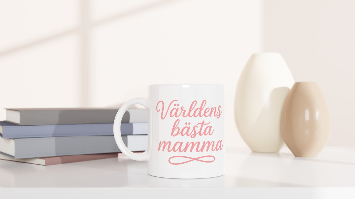 Mugg med texten 'Världens bästa mamma' i elegant handskriven font och varm rosa färg.