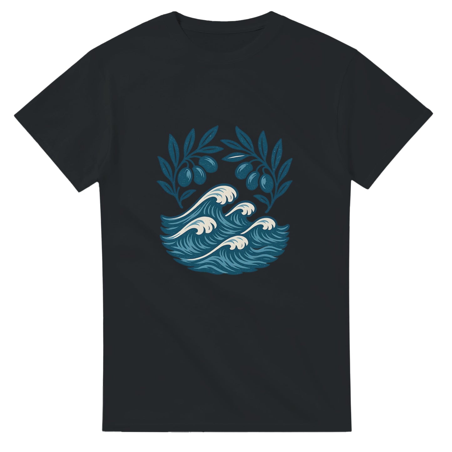 Tidlös T-shirt med grekisk charm, olivgrenar och kustlandskap. Bär stolt Olivträdets Charm.