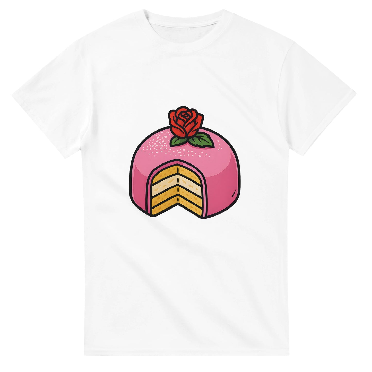 T-shirt med prinsesstårta i rosa marsipan och grädde, perfekt för sötsakälskare.