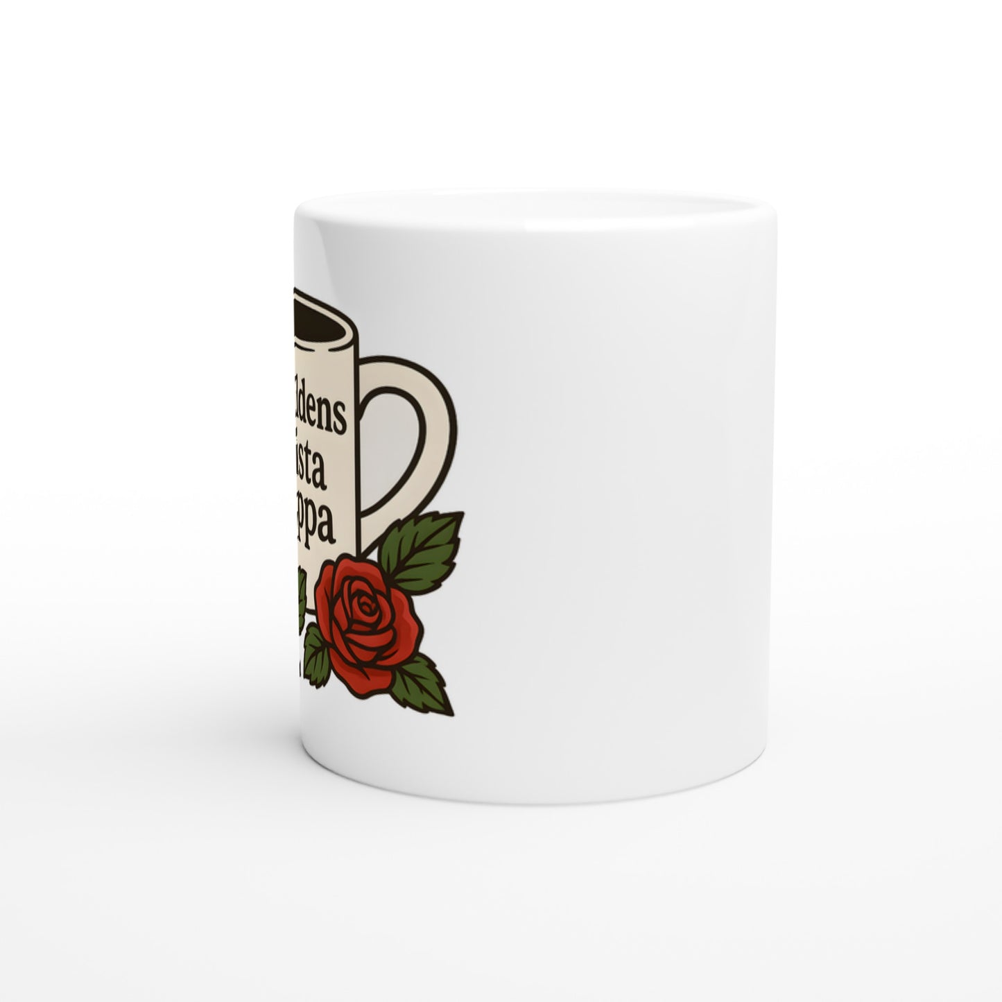 Stilren mugg med elegant typografi och rosor, perfekt för den tidlösa pappan. Enkelt och kraftfullt budskap.