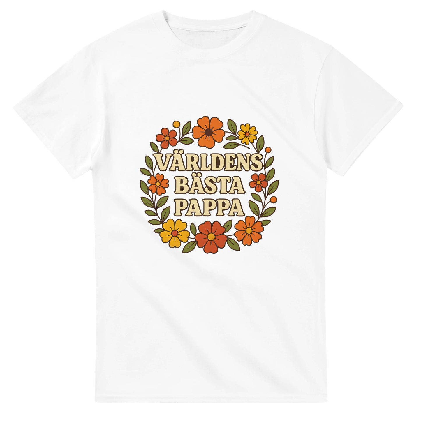 T-shirt med blomstrande mönster och texten 'Världens bästa pappa' i varma toner. En hyllning till pappa i blomstrande stil.