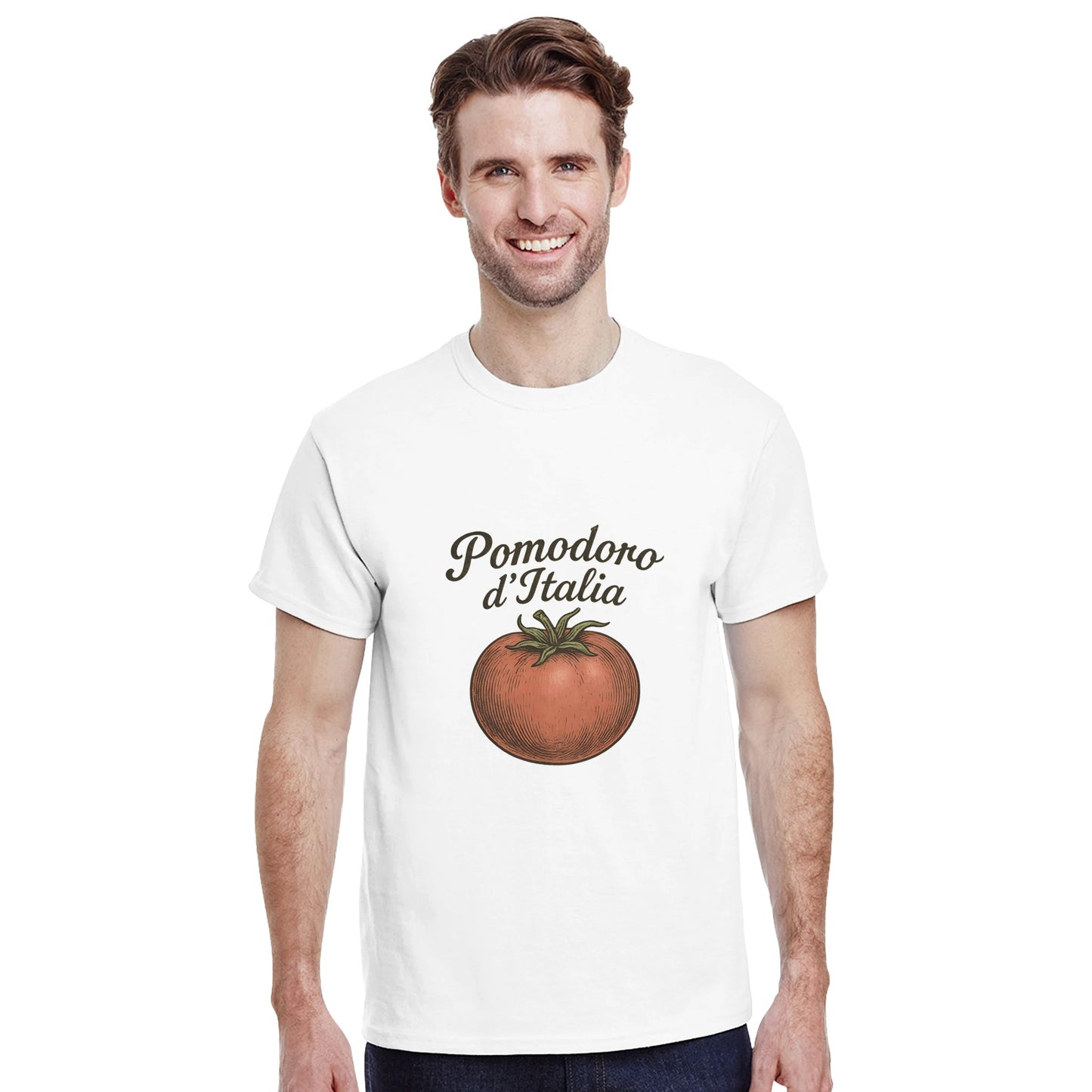 T-shirt med vintage tomatmotiv och texten 'Pomodoro d’Italia' i kurvig italiensk typografi.