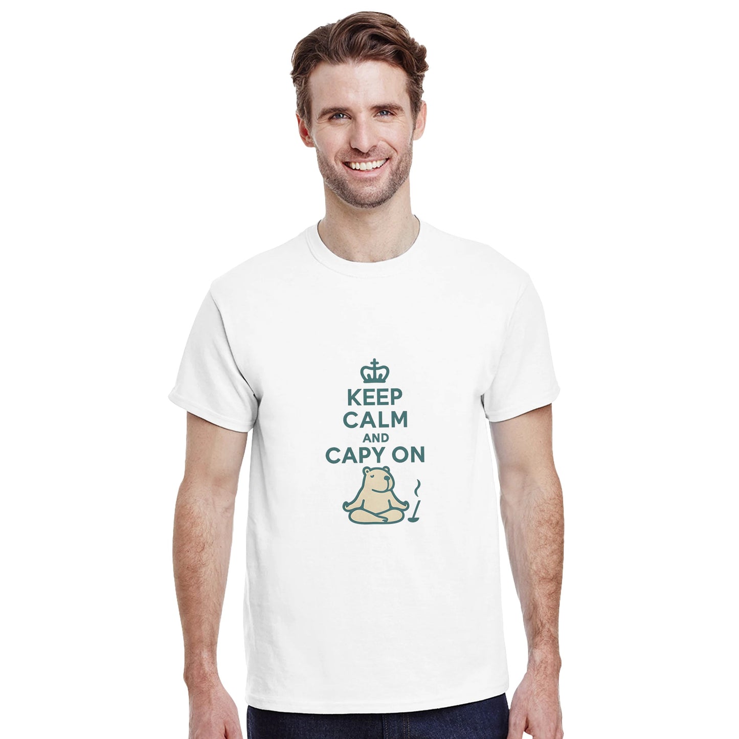 Mediterande capybara för inre frid. Humoristisk och söt, en favorit med 'Keep Calm' budskapet.
