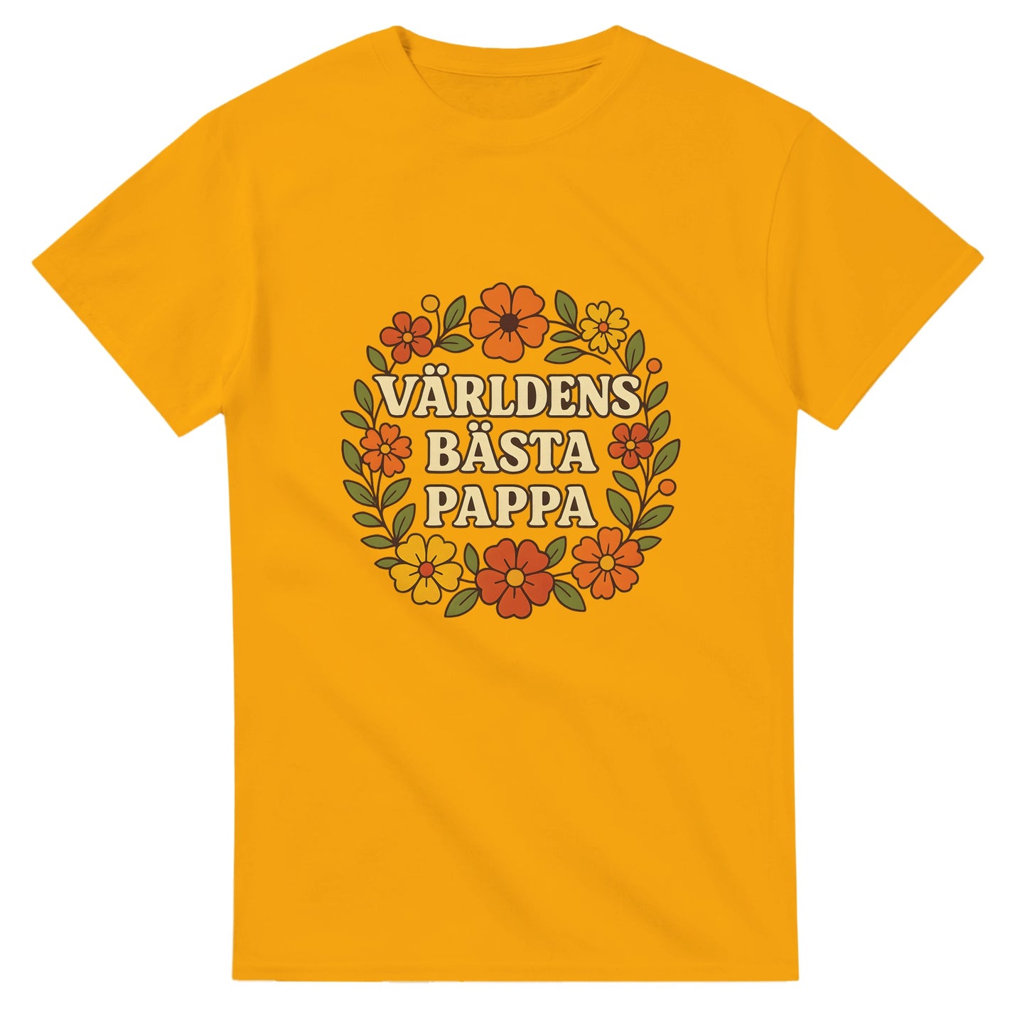 T-shirt med blomstrande mönster och texten 'Världens bästa pappa' i varma toner. En hyllning till pappa i blomstrande stil.